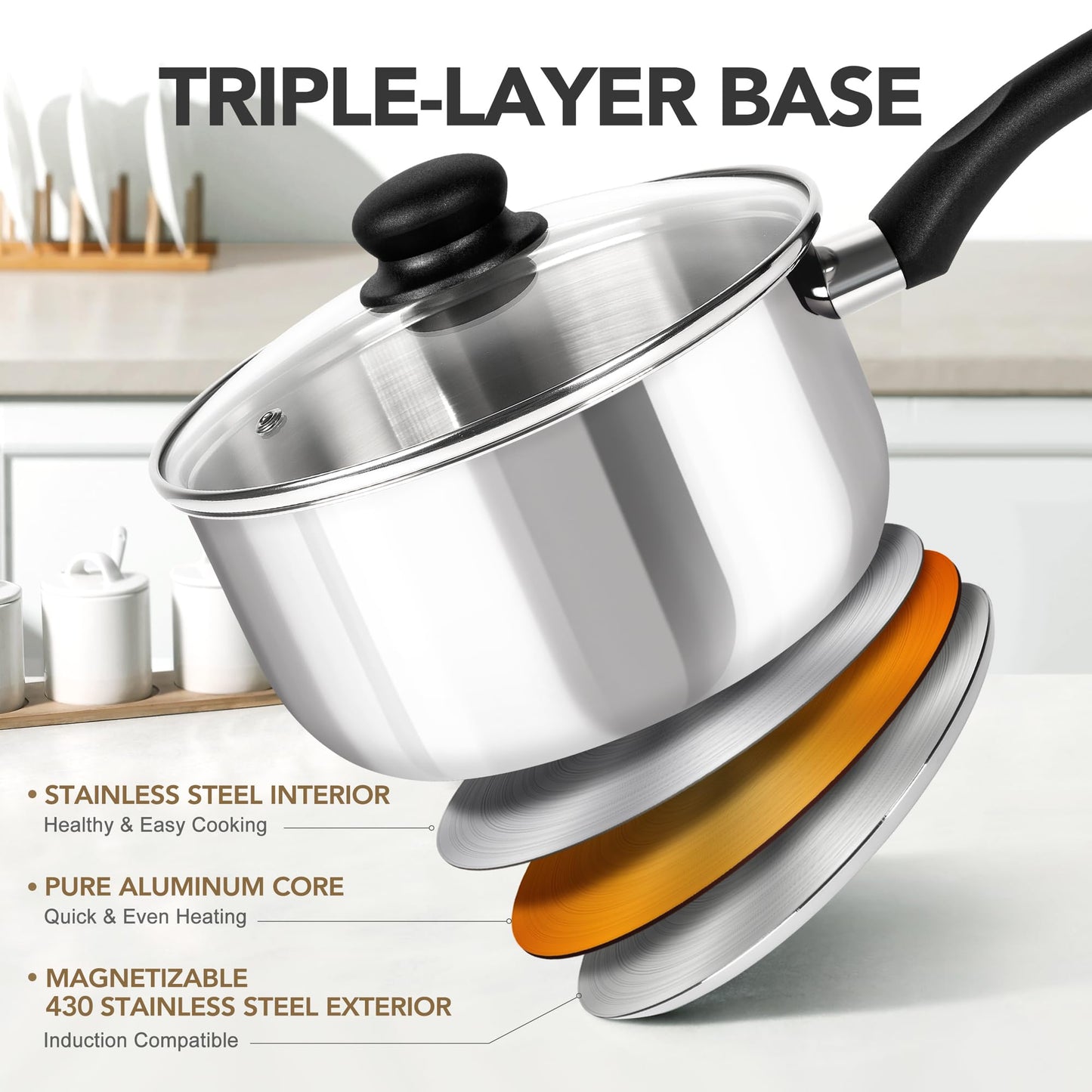 MICHELANGELO Stainless Steel Saucepan with Lid 6pcs, Triple Base Stainless Steel Pot Set, Saucepan Set with Bakelite Handle - 1QT & 2QT & 3QT