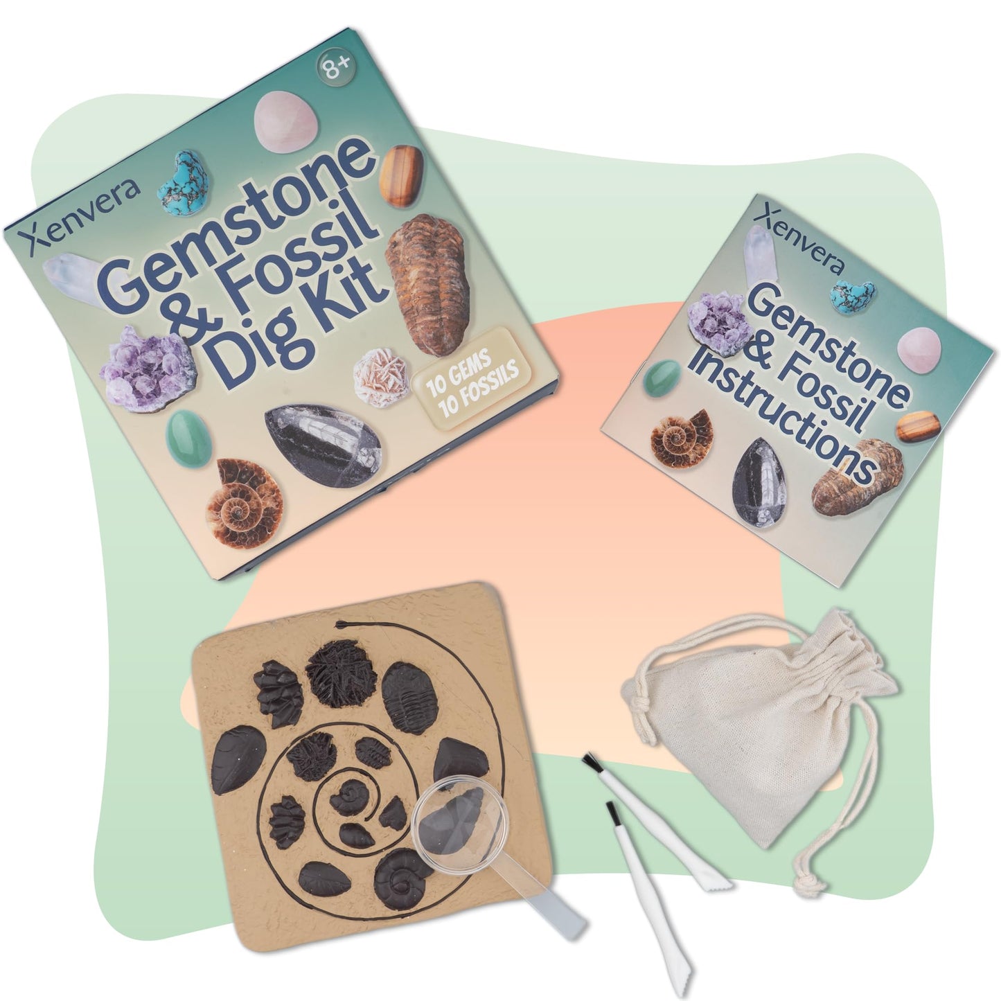 Xenvera Gemstone and Fossil Dig Kit – Excavate 10 Gems and 10 Fossils, STEM Geology Set, Educational Toy, Science Kit for Kids Ages 8+