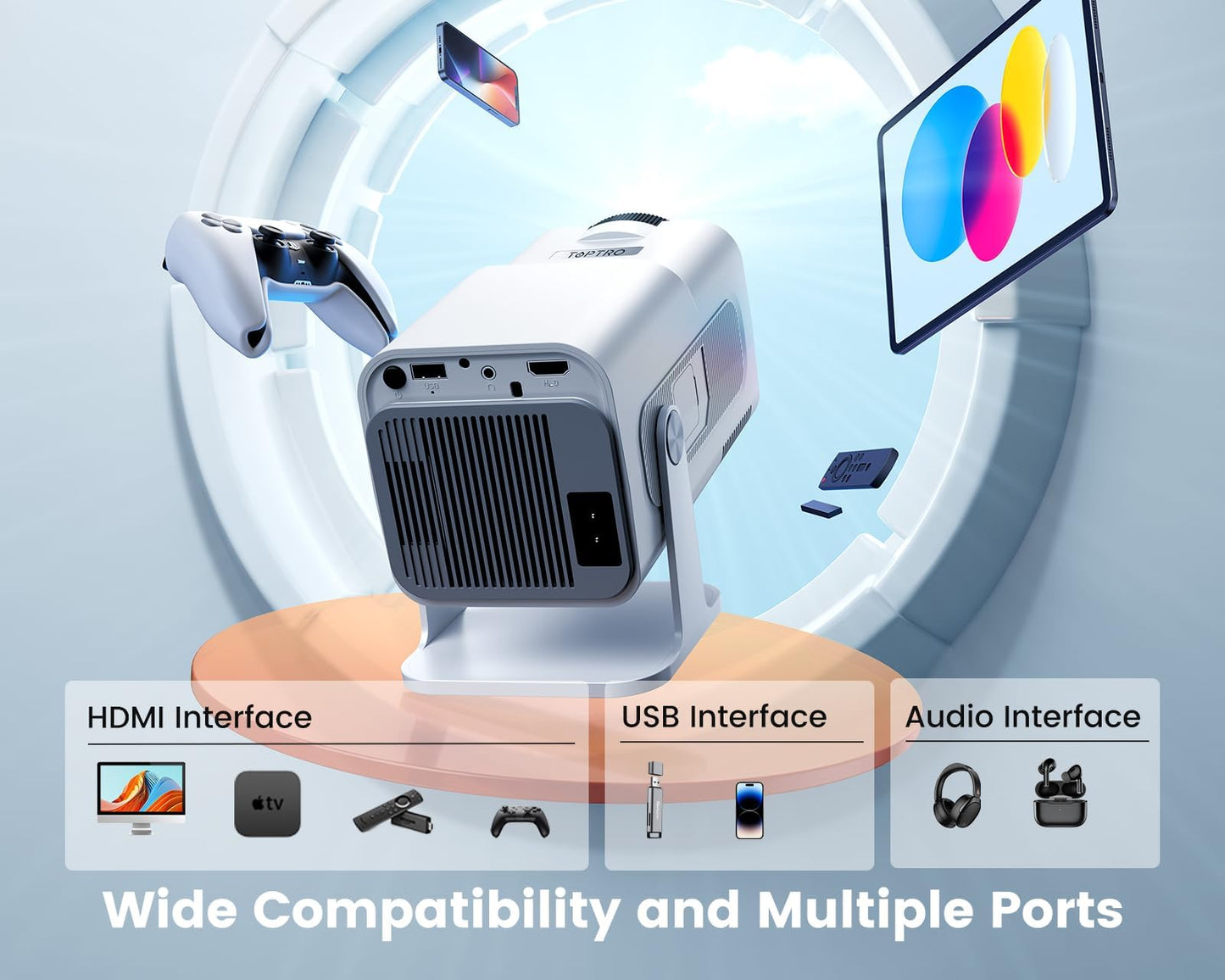 【4K Supported】 Mini Projector 4K with WiFi6 and Bluetooth5.2, Native 1080P Mini Portable Projector with 270° Rotation, Home Movie Projector with 【Auto Keystone】 for HDMI, USB, TV Stick, PS5