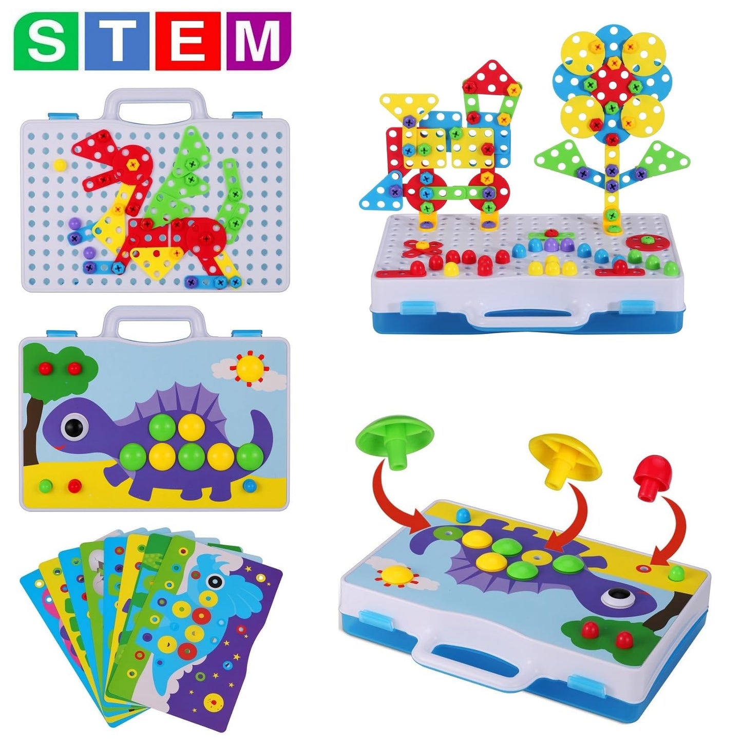 224 Piece STEM Building Set for Kids, Mosaic Drill Set Creative Puzzle Toy for Boys and Girls 4 5 6 7 8 Years Old, Design Drill Game Puzzle Block for Preschool Children Gift