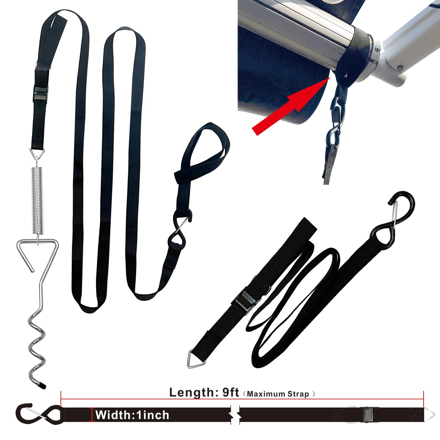 Dulepax RV Awning Tie Down Kit, Heavy Duty RV Awning Anchor Kit, Camper Awning Anchors Accessories Set, Include Shock Absorbing Spring, Spiral Stakes, Soft Loops, Pre-Assembled Thick Straps