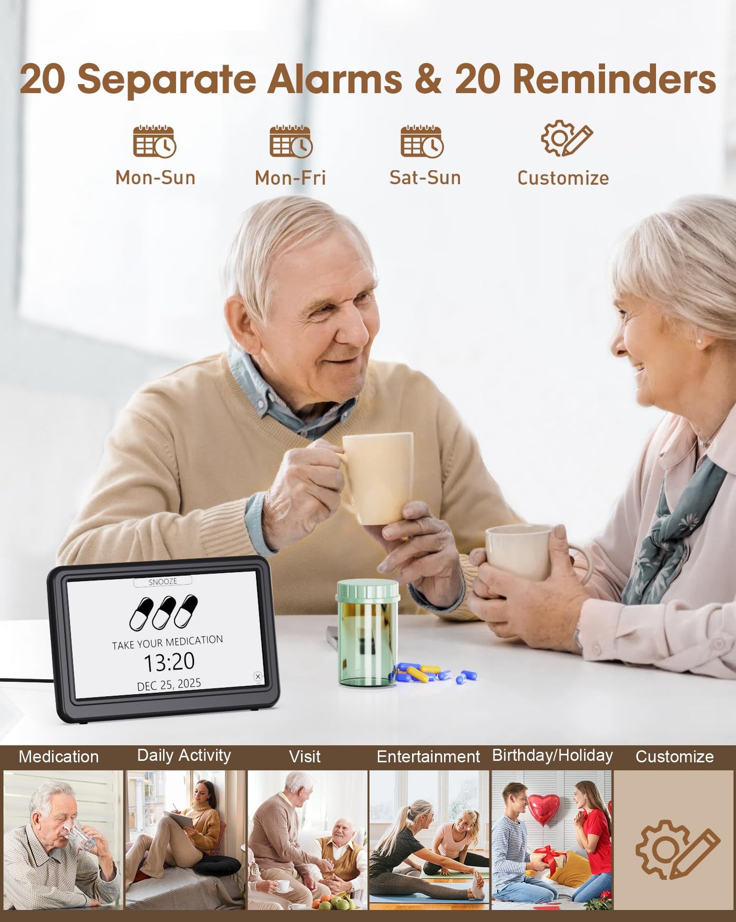 20 Alarms Dementia Clock for Seniors 7" Large Display Digital Calendar Clock with 20 Custom Reminders, 12 Display Modes, 18 Ringtones Electronic Calendar for Elderly Alzheimer’s Black