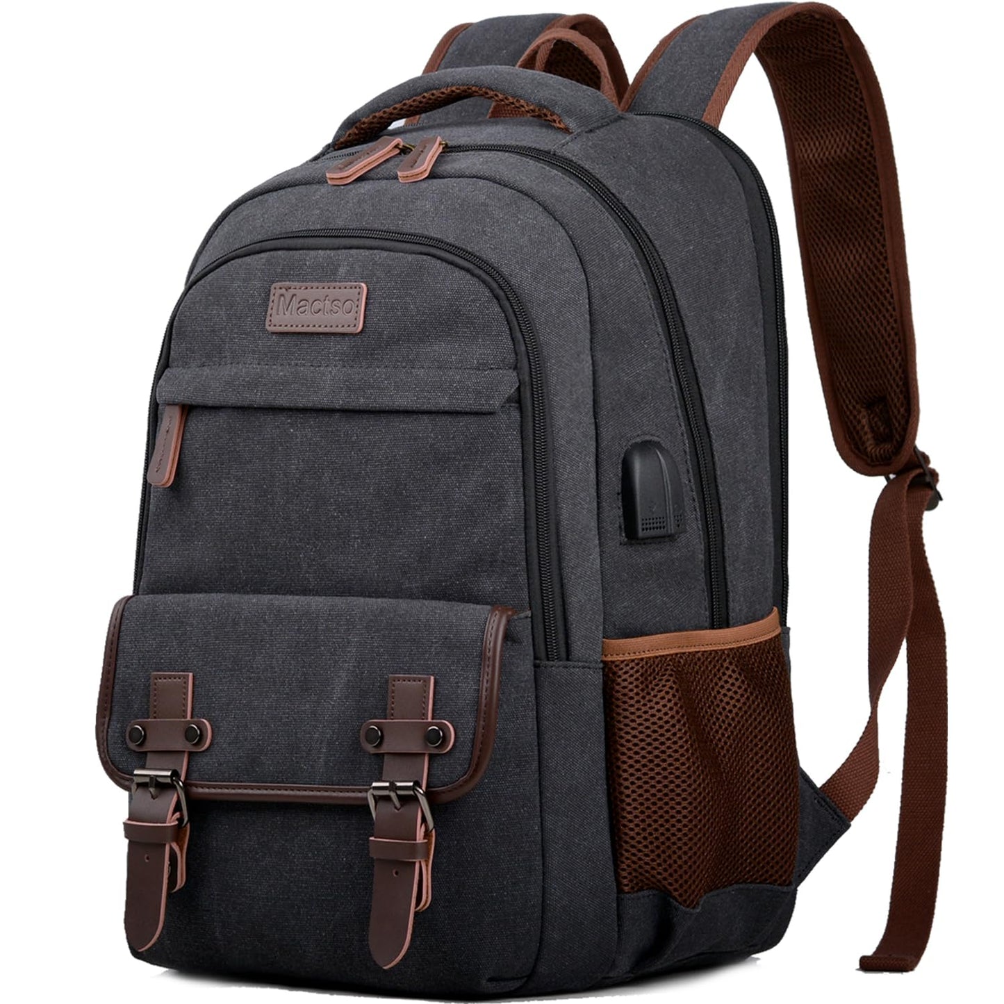Canvas Laptop Backpack for Men Women, Business Rucksack College Computer Bag Fits 15.6 Inch Laptop with USB Charging Port (Black, 15.6 Inch)