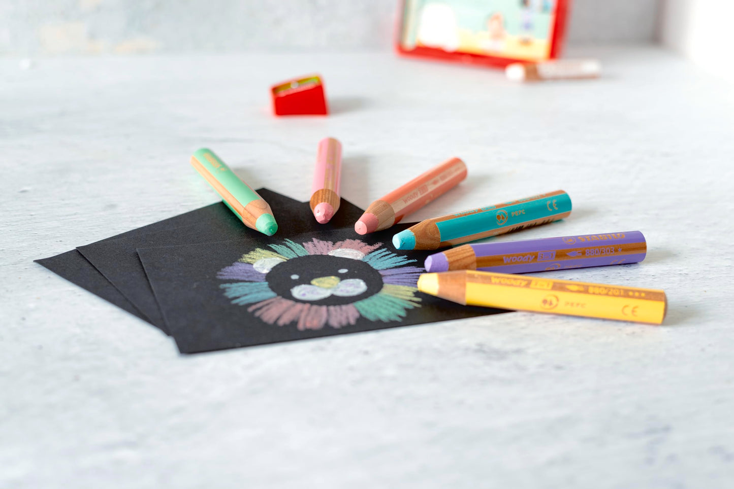 STABILO Woody 3-in-1 Coloured Pencil Case with 18 Colouring Pencils + 1 Pencil Sharpener + 1 Round Brush Size 8-6 Pastel
