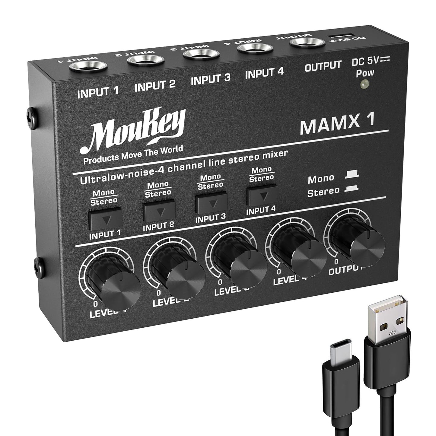 Moukey Stereo Mini Audio Mixer, Ultra Low-Noise 4-Channel Line Mixer for Sub-Mixing, DC 5V Audio Mixer with USB Cable, Ideal for Small Clubs or Bars, As Microphones, Guitars, Bass, Keyboards-MAMX1
