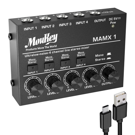 Moukey Stereo Mini Audio Mixer, Ultra Low-Noise 4-Channel Line Mixer for Sub-Mixing, DC 5V Audio Mixer with USB Cable, Ideal for Small Clubs or Bars, As Microphones, Guitars, Bass, Keyboards-MAMX1