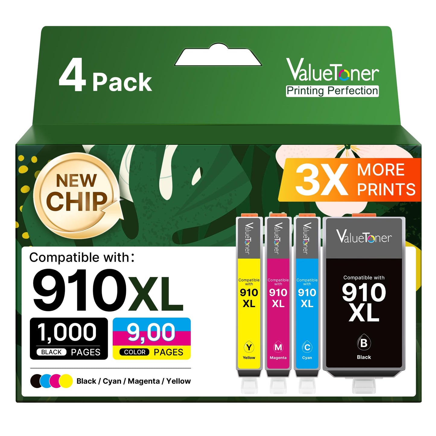 4 Pack 910XL 910 Ink Cartridges for HP 8010 Ink Compatible Replacement for OfficeJet Pro 8020, 8022, 8025, 8028, 8035, OfficeJet 8010, 8015, 8018 Printer (Black & Color)