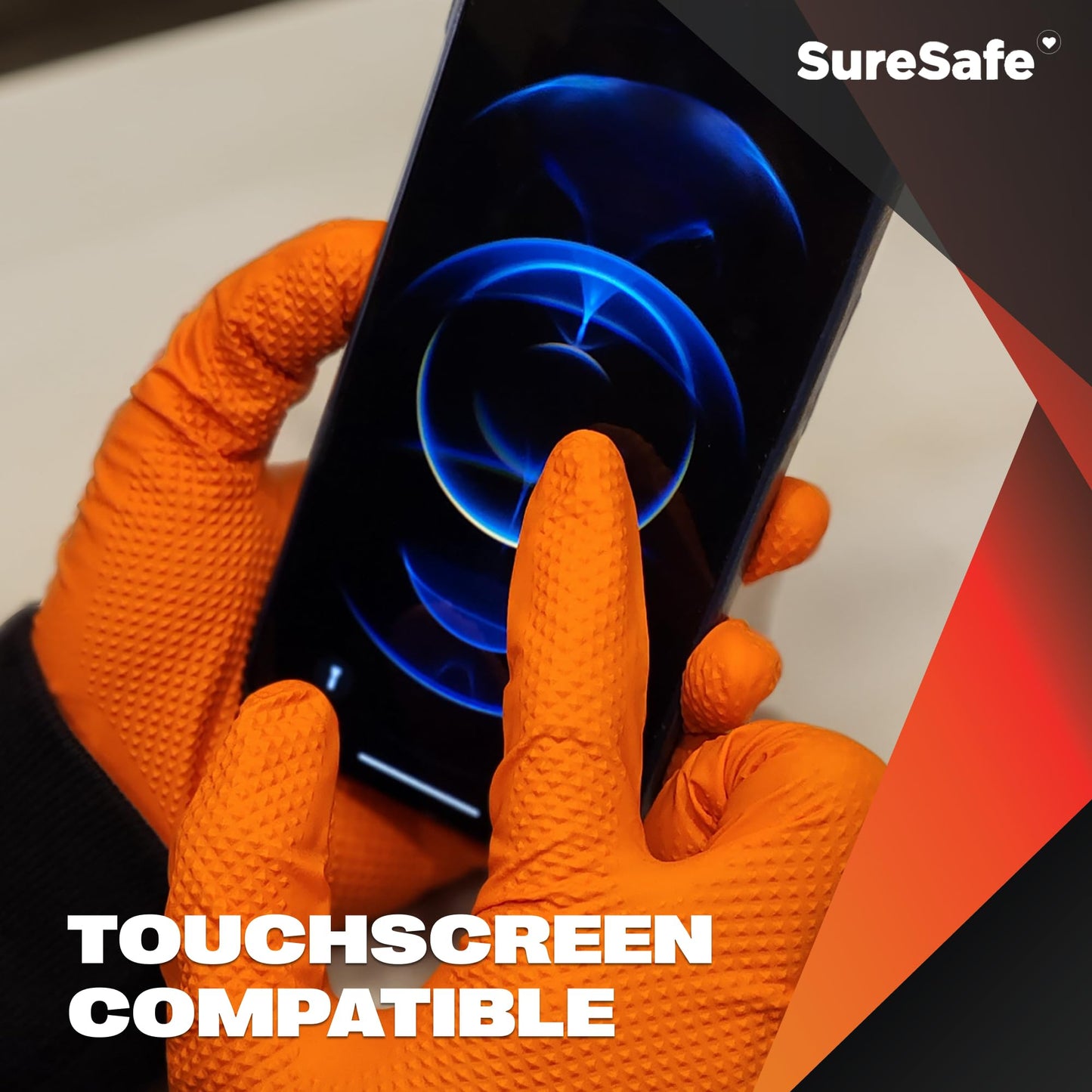 [200 Pack] SURESAFE 8 Mil Nitrile Gloves Large, Orange Mechanic Gloves Disposable Heavy Duty, Powder & Latex Free, Diamond Grip, Fully Textured & Ribbed, For Work, Mechanics, Plumbing