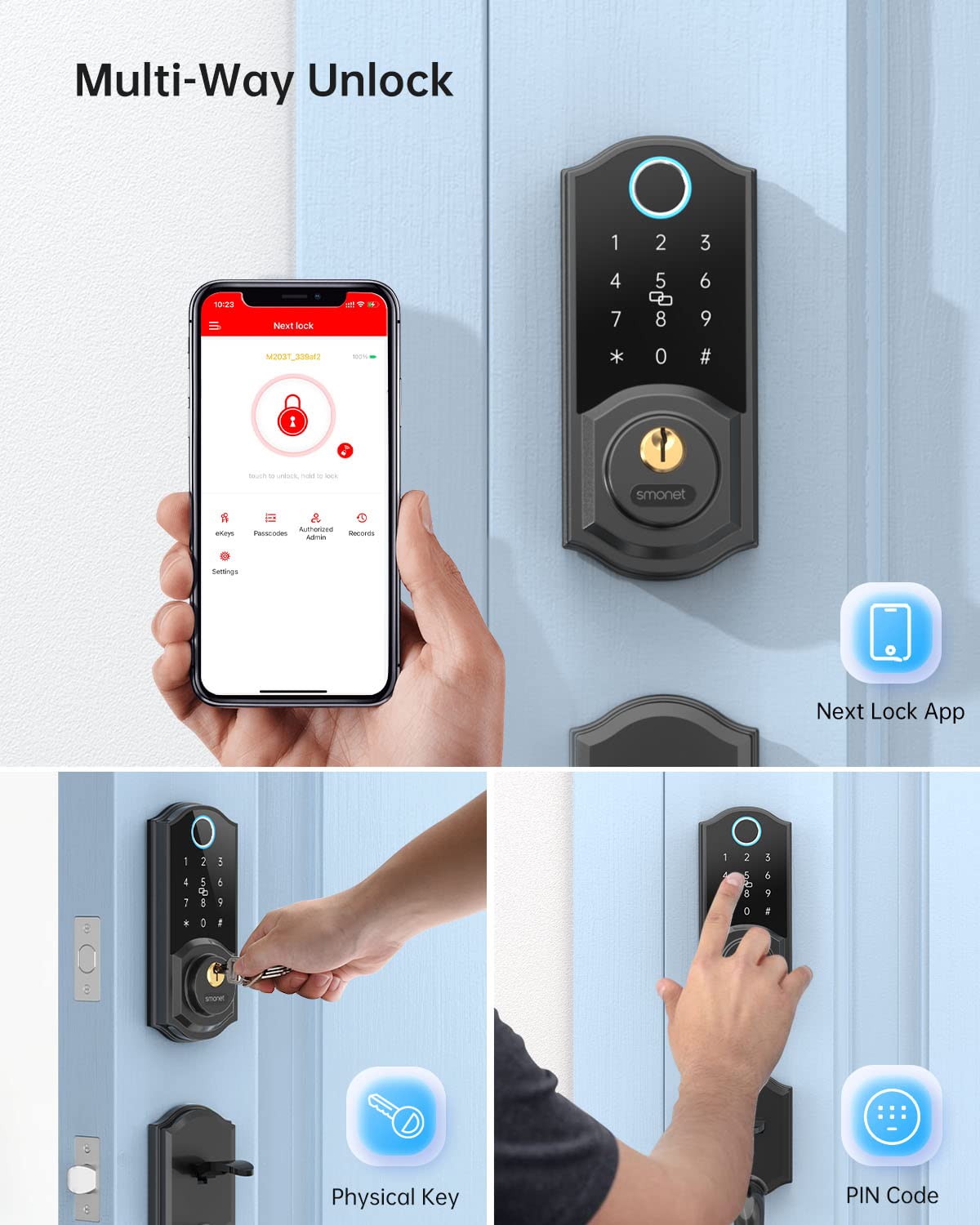 Smart Lock,SMONET Fingerprint Deadbolt Keyless Entry Door Lock with Electronic Bluetooth Digital Keypad Deadbolt for Front Door,Biometrics,Auto-Lock,Fob Keys,Passcode by APP Control for Home,Black
