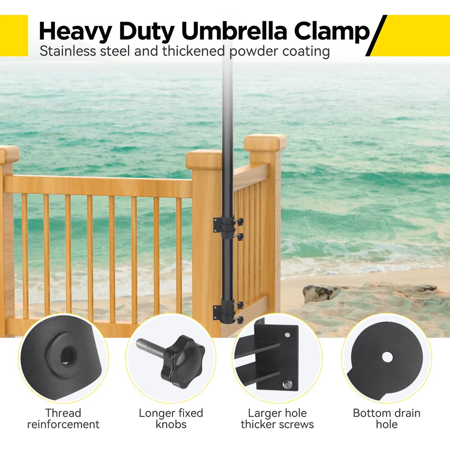 YINGDIKE Patio Umbrella Holder, Outdoor Umbrella Stands - Heavy Duty Umbrella Base and Clamp for Railing or Deck in Patio and Courtyard - Corner Mount (Fit Max OD 2.1 Inch)