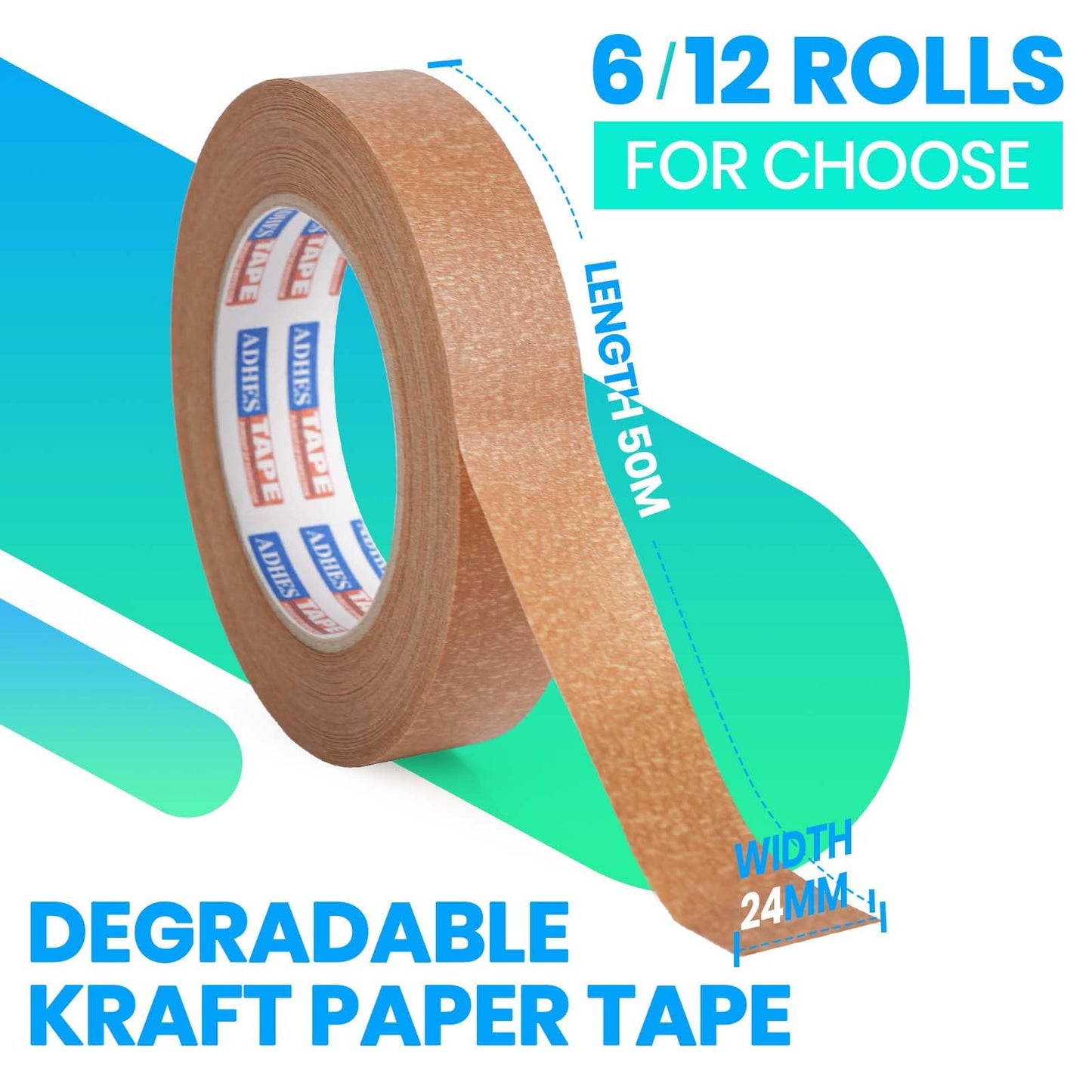ADHES Kraft Paper Tape 1 Inch x 55 Yards x 12 Rolls, Narrow Packing Tape for Light Duty Sealing, Eco-Friendly Brown Paper Tape, Easy Tear & Writable, for Small Boxes, Labeling & DIY