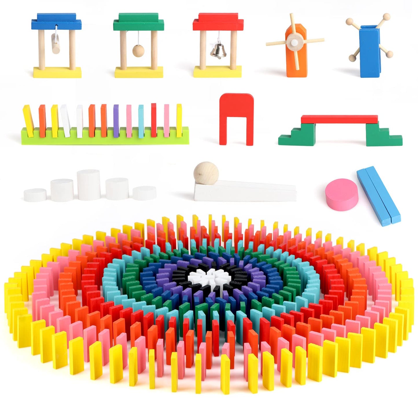 1000 PCS Dominoes Set for Kids Wooden Building Blocks 10 Colors Bulk Dominoes Racing Tile Games Educational Toy for Kids Birthday Party with 26 Add-on Blocks and 1 Storage Bag