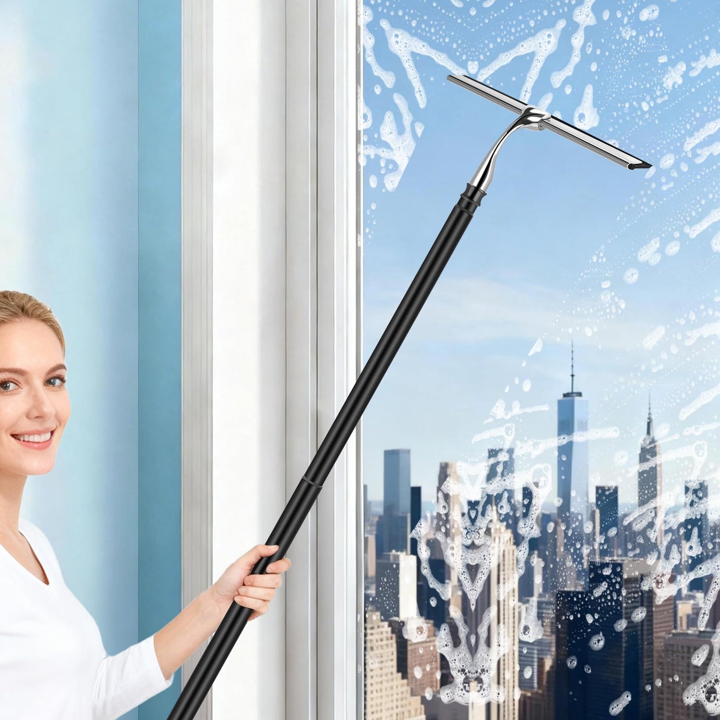 17'' - 62'' Metal Squeegee with Extension Pole for Window,Glass Door,Mirror, 12'' Wide Telescopic Shower Squeegee Cleaner with Long Handle for Cleaning Tile Wall,Floor,Bath,Car Windshield,Solar Panel