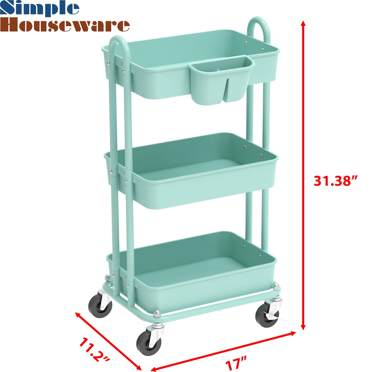Simple Houseware 3-Tier Rolling Utility Cart with Hanging Buckets, Turquoise