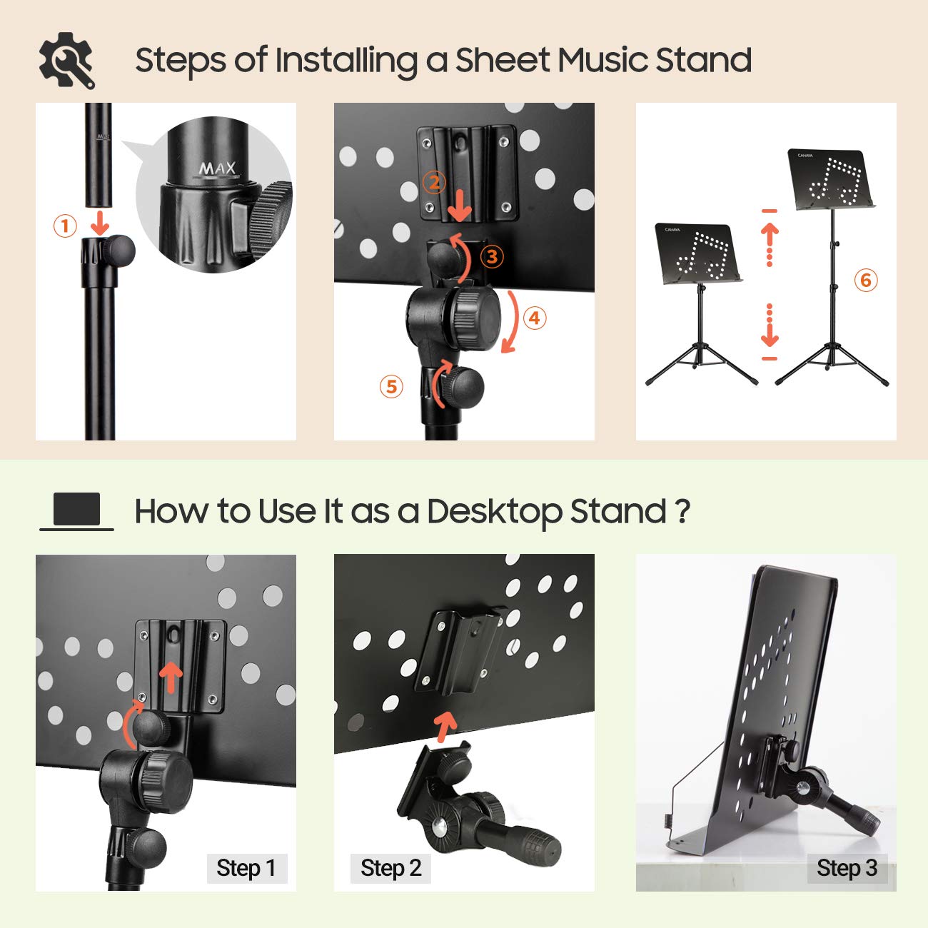 CAHAYA Sheet Music Stand Portable: 2 in 1 Music Stand & Desktop Book Stand with Carrying Bag Foldable for Sheet Music Guitar Saxophone Ukulele