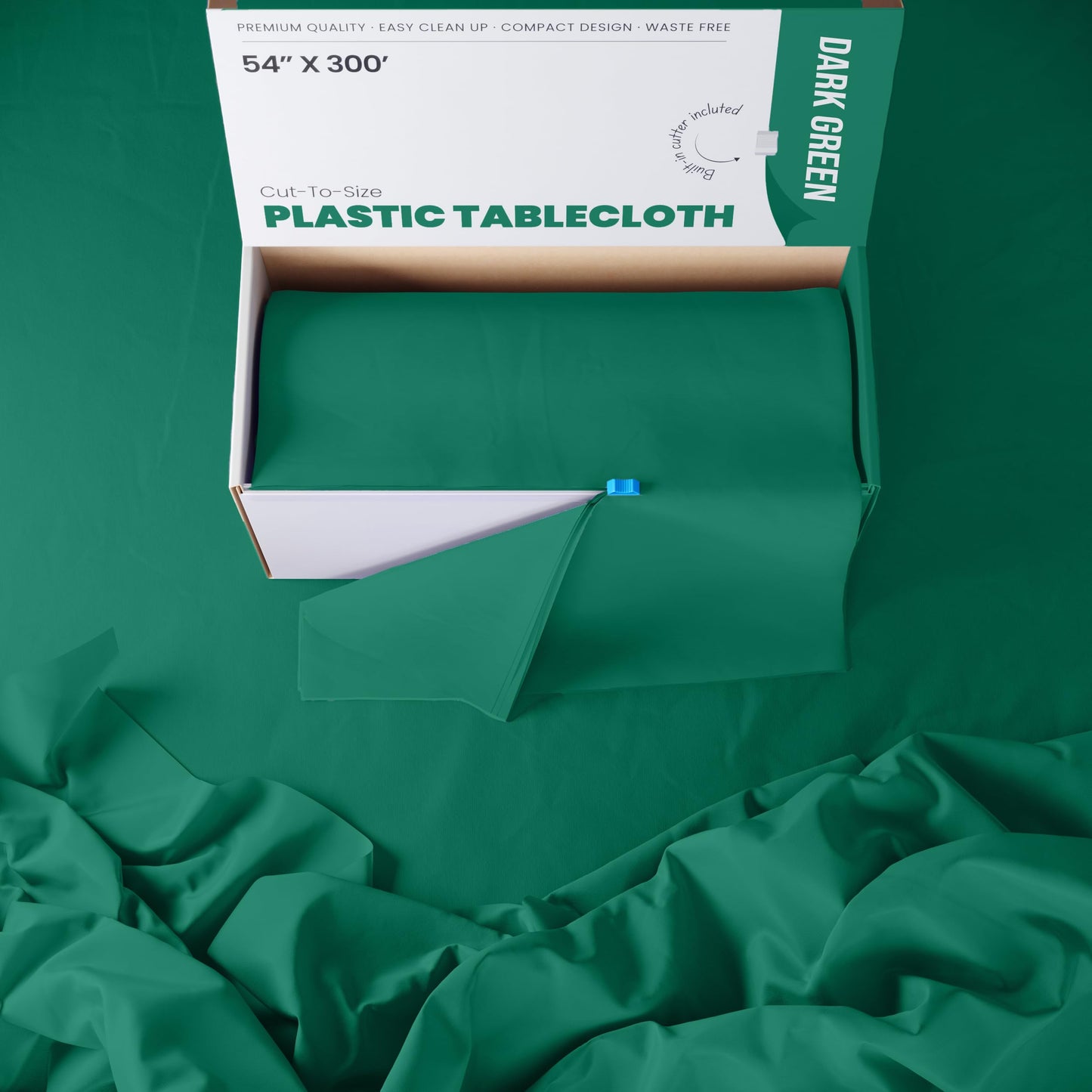 54 Inch X 300 Feet Dark Green Plastic Table Cover Roll in A Cut - to - Size Box with Convenient Slide Cutter. Cuts Up to 12 Rectangle 8 Feet Plastic Disposable Tablecloths - Exquisite