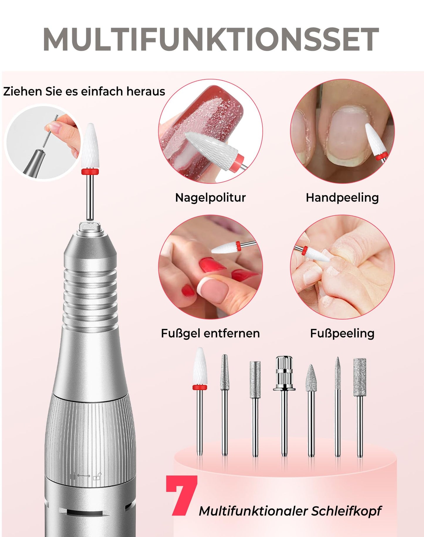 Efile Nail Drill, Professional Nail Drill 40000 RPM Electric Nail File Professional Chargeable Machine Chargeable for Gel Nails Kit with 7 Nail File Bits, Portable File At Home And Salon (Grey)