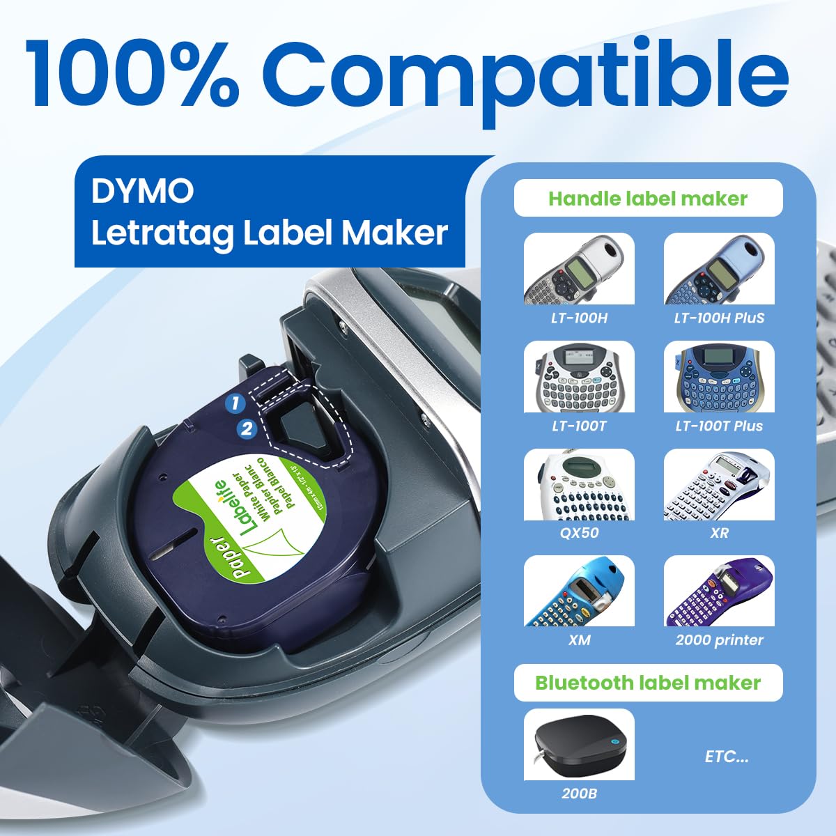 Compatible with Dymo Label Maker Refills LetraTag White Paper 91330 10697 Label Tape for Dymo Letra Tag LT-100H LT-100T Plus 200b QX50 2000 (10-Pack 12mm x 4m 1/2'' x 13')