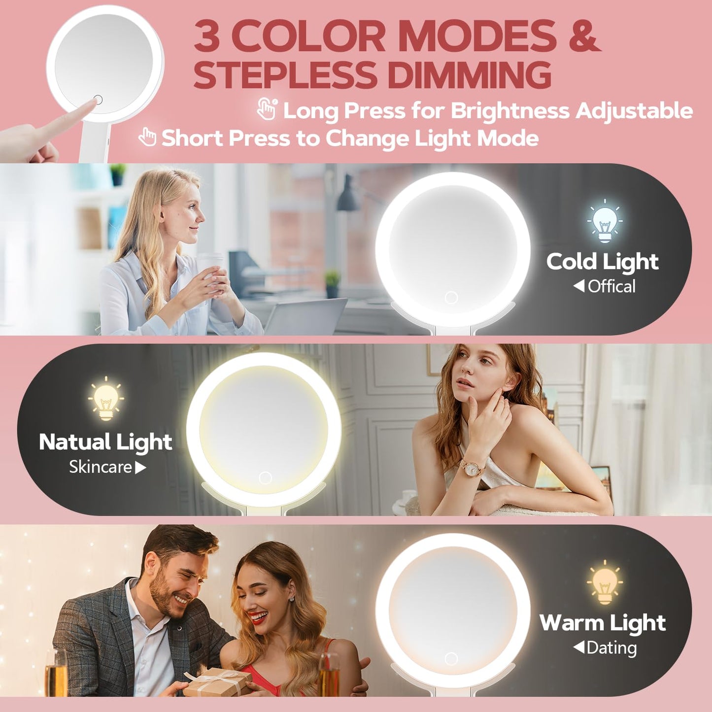 MIYADIVA Lighted Makeup Mirror, 30X Magnifying Mirror with Light and Adjustable Brightness, Hanging and Handheld Mirror with Handle, Portable Travel Makeup Mirror with Lights, Vanity Mirror for Women