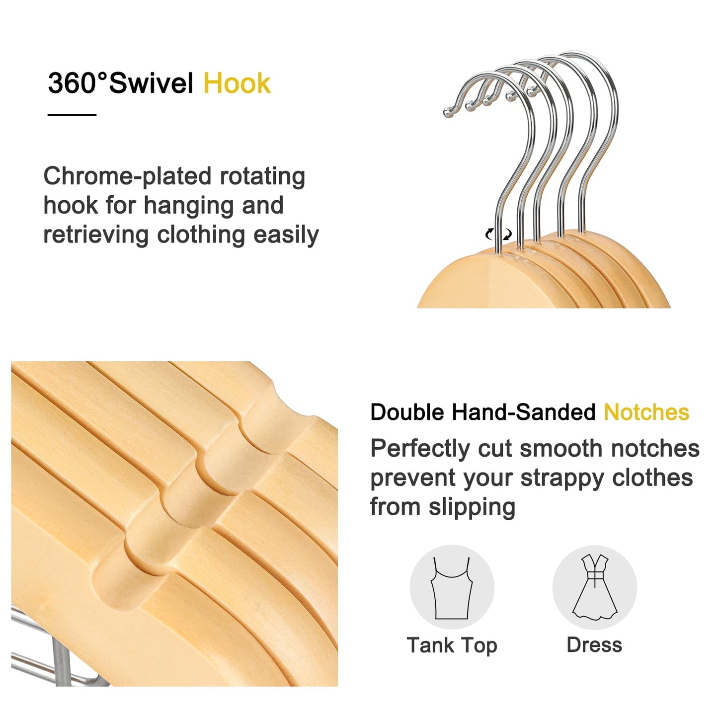 TOPIA HANGER Wooden Hangers with Adjustable Metal Clips and 360° Swivel Hook, Premium Wood Clothes Hangers 10 Pack for Suit, Pant, Skirt, Jeans, Coat, Jacket-CT28N