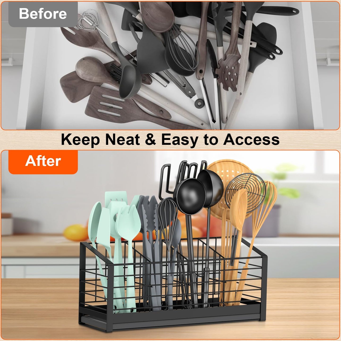 PENGARO Extra Large Utensil Holder for Kitchen Counter, Kitchen Cooking Utensil Holder Organizer with Drying Diatomaceous Earth Base, Cooking Tools Utensil Crock Storage for Countertop, 4 Compartments