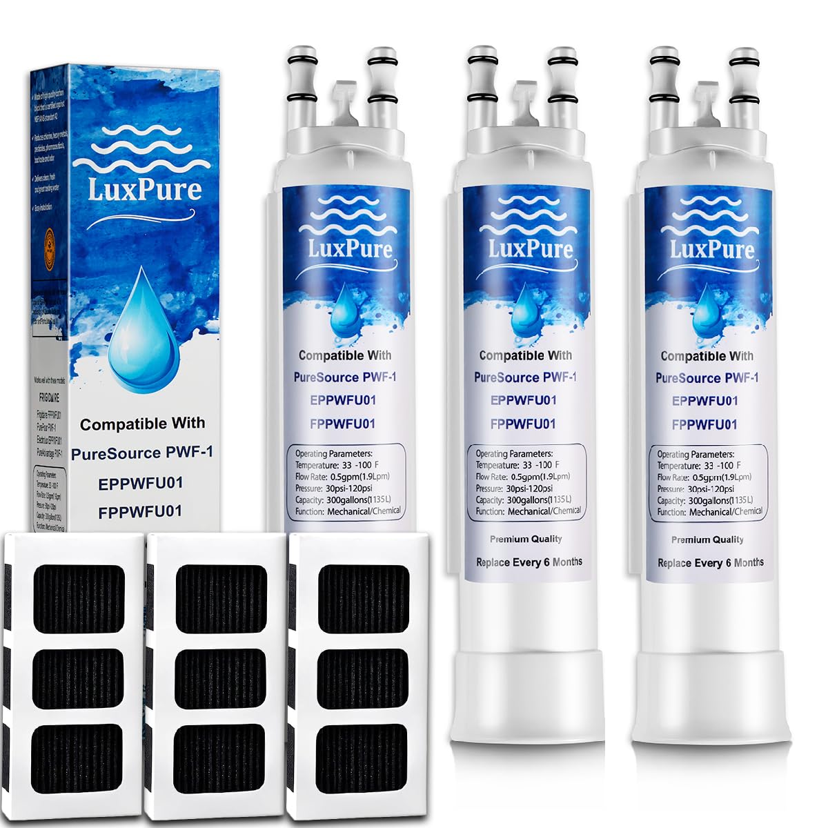 LuxPure Refrigerator Water Filter & Air Filter Replacement Compatible with Frigidaire FPPWFU01 PurePour PWF-1 Electrolux EPPWF01 Water Filter and PAULTRA2 PureAir Ultra II Air Filter, 3+3 Combo Pack