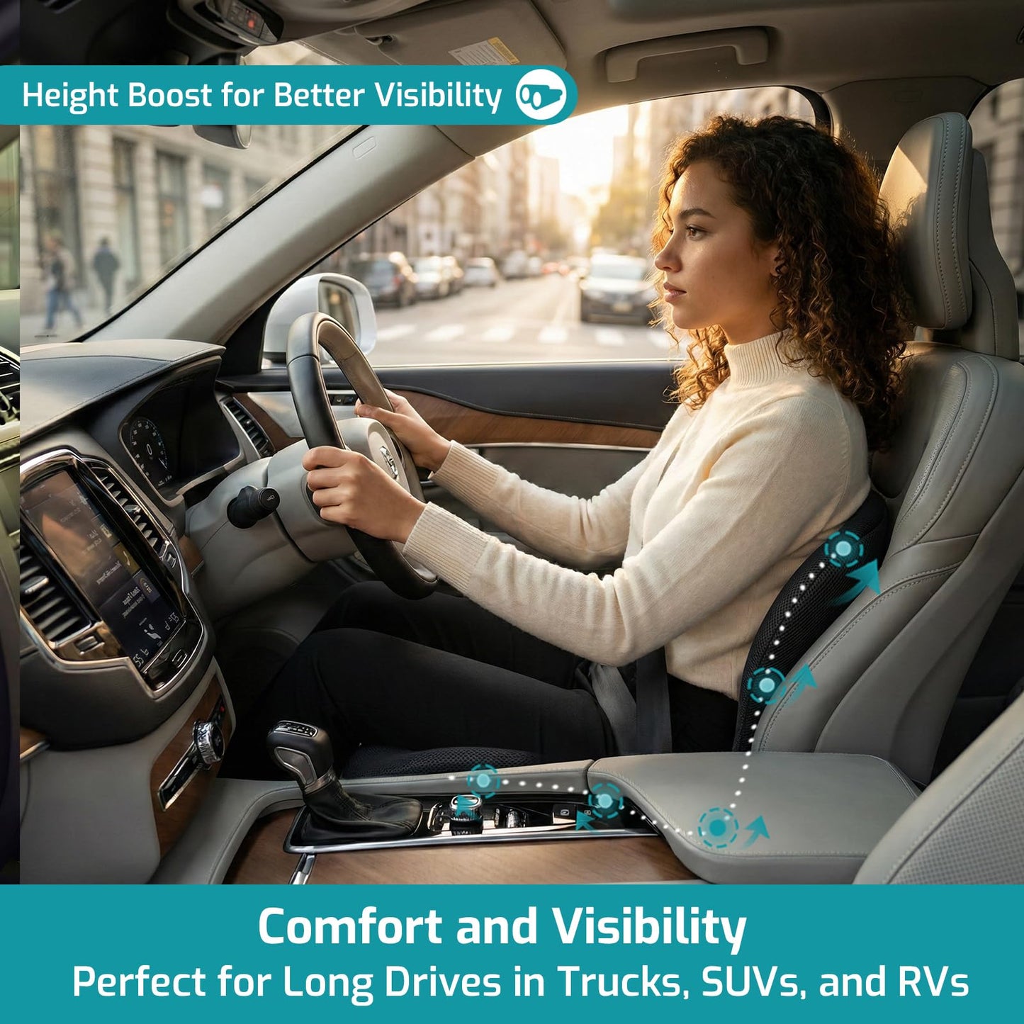 Memory Foam Seat Cushion with Lower Lumbar Support - 3-Inch Car Booster for Shorter Drivers & Ergonomic Orthopedic Cushion Back & Sciatica Pain Relief for Truck RV Office Chair (Black WE)