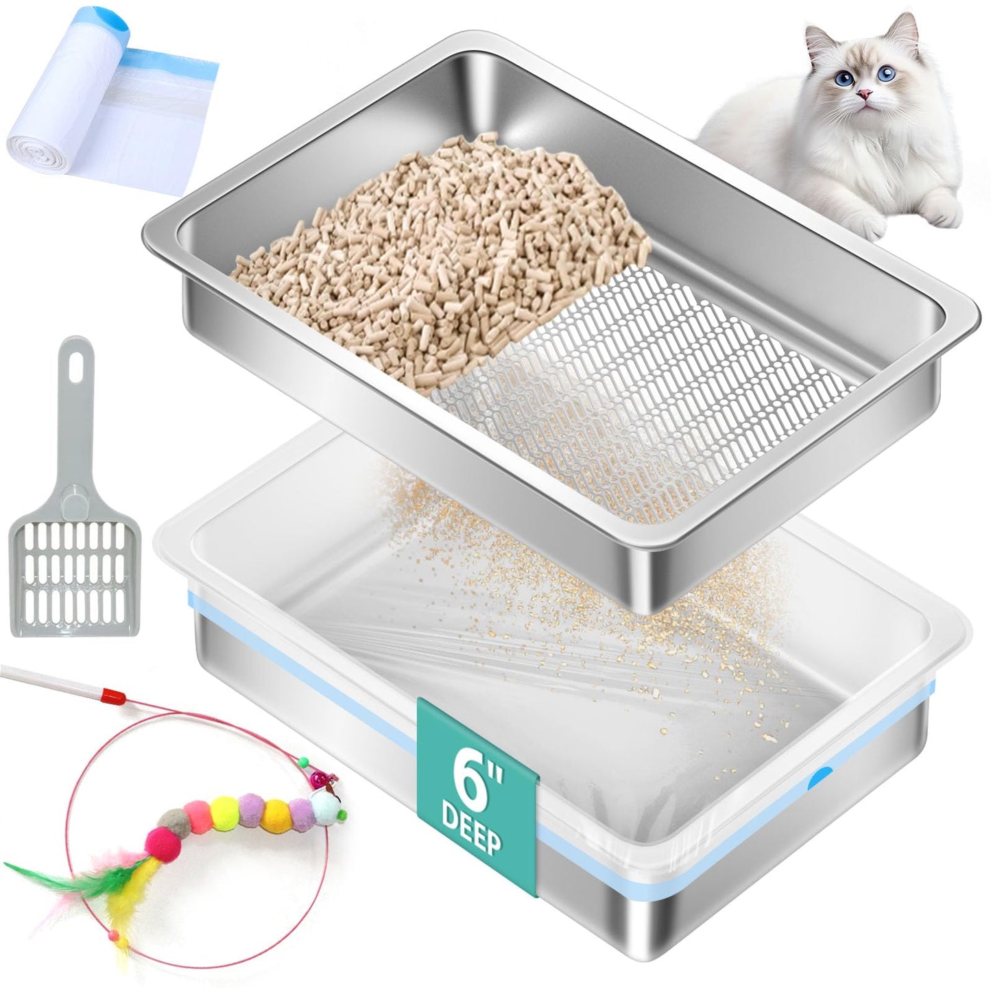 Amibud Stainless Steel Sifting Litter Box for Wood Pine Pellets,50cm Lx 35cm W x 15cm H Extra Large XL Metal Pellet Sifter Litter Pan System for Easy Cleaning Odor Control, Sifting Box Liners & Scoop