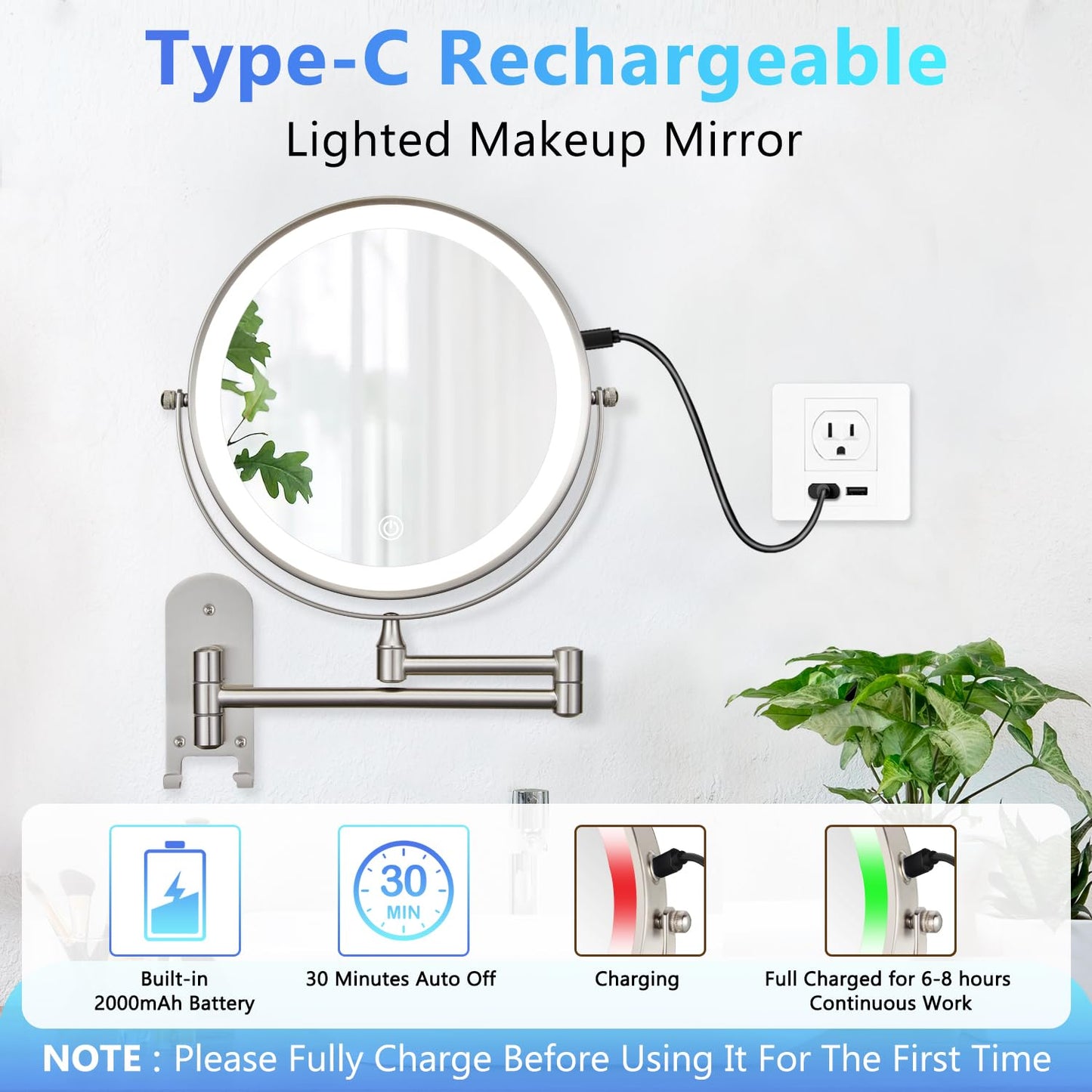 9" Wall Mounted Lighted Makeup Mirror, Rechargeable 1X/15X Magnifying Mirror with Light Double Sided, 3 Color Lights Dimmable 360 Rotation Shaving Light up Mirror with Hook, Nickel