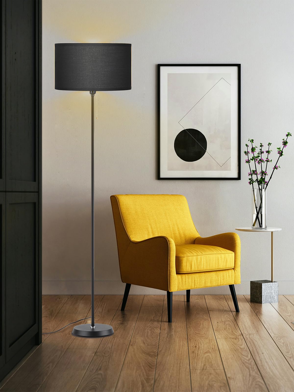 Dimmable Floor Reading Lamps for Living Room Farmhouse Corner Arc Standing LED Modern Floor Lamps, LED Bulb Includes (Black Linen Lampshape)