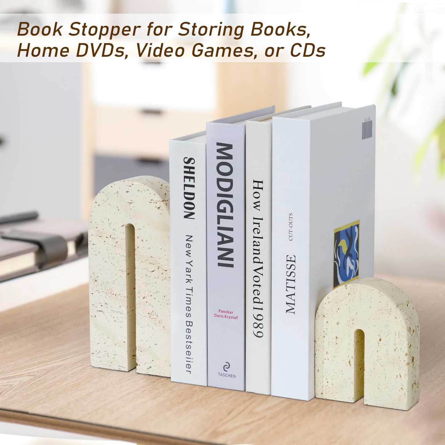 BOHDK Book Ends for Shelves, Resin Heavy Duty Decorative Bookends, Retro Arch Book Holder for Heavy Books, Imitation Travertine Book Stopper for Home Decor, Study, Bookshelf, Desktop, Set of Two