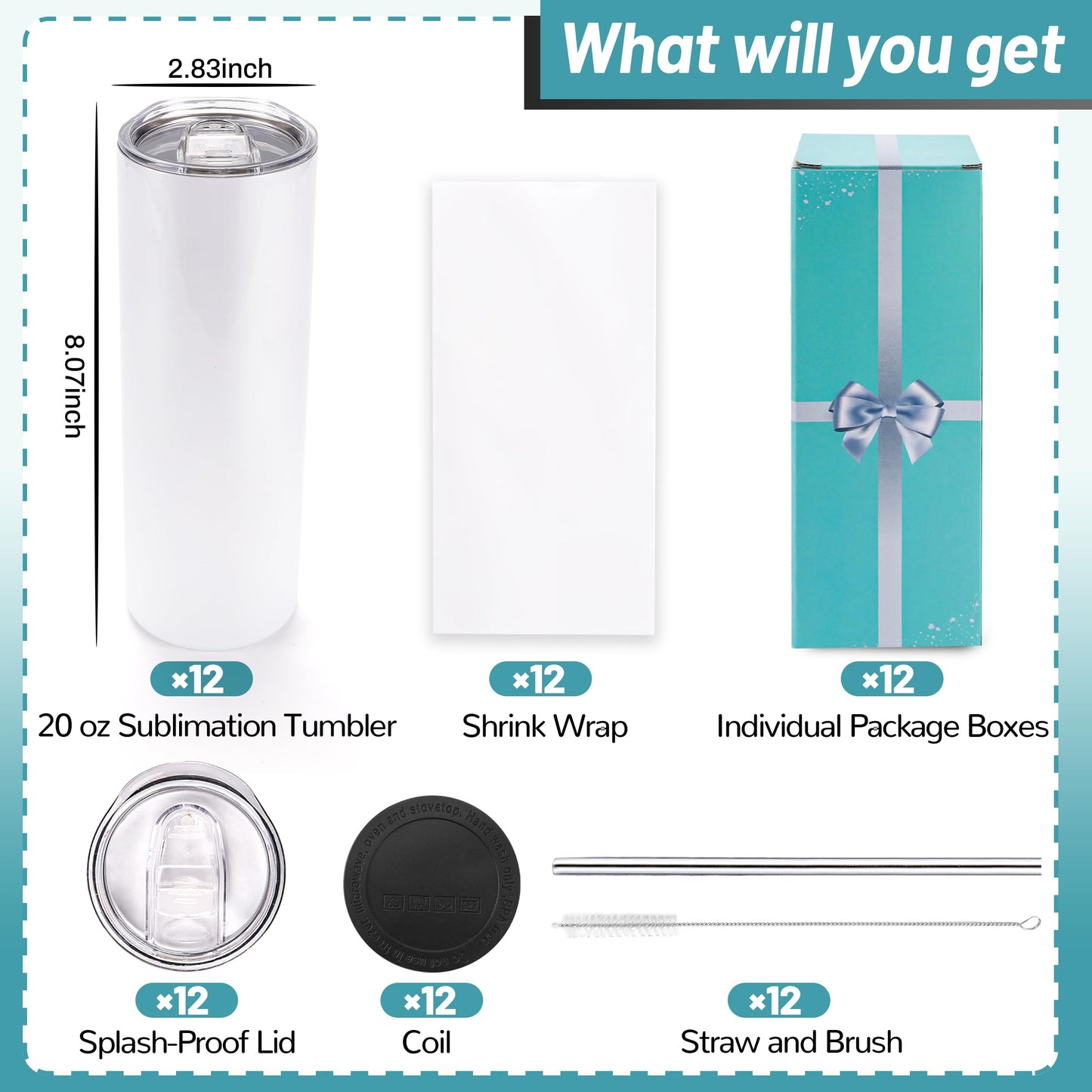 Joyclub 12 Pack Sublimation Tumblers 20 oz Bulk Blank Tumblers Skinny Straight Flat Bottom Cups White with Lid and Straw