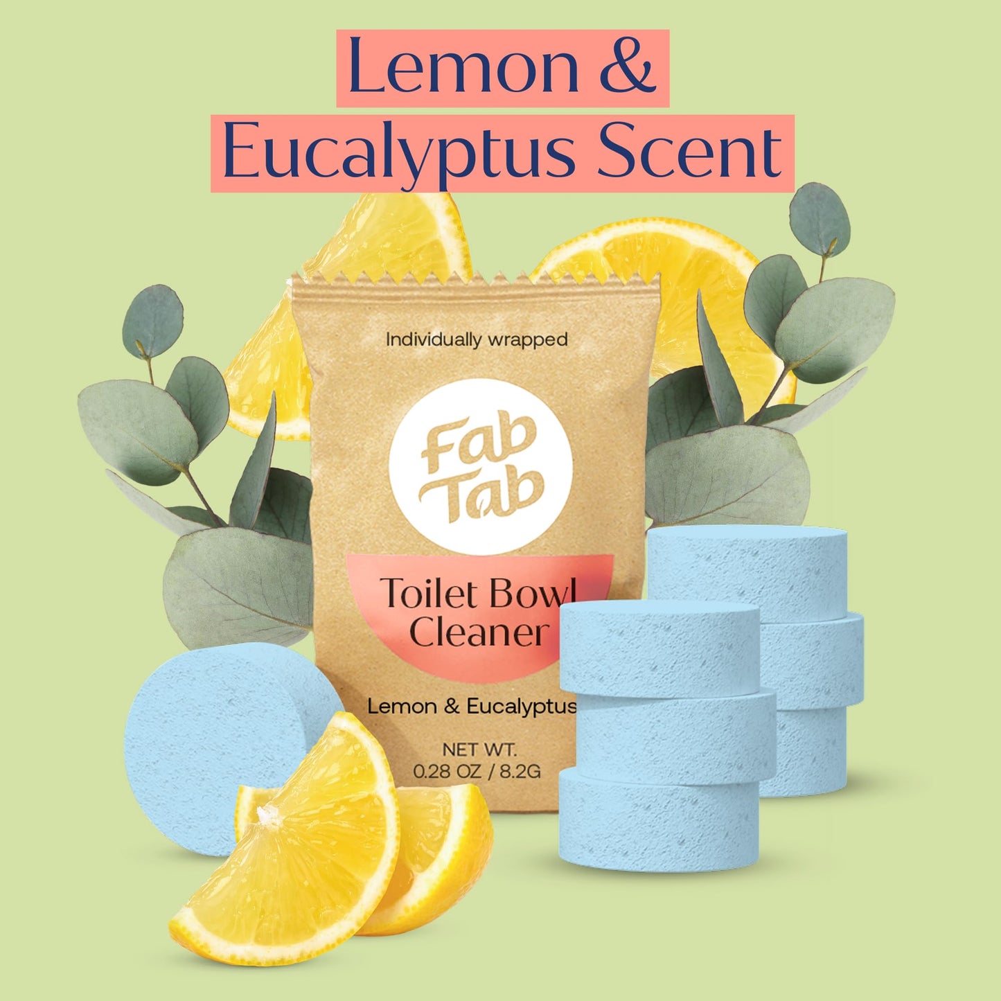Fab Tab Toilet Bowl Cleaner Tablets, Powerful Stain Removal, No Harsh Chemicals, Plastic-Free, Removes Rust & Stains, Safe for Regular and Septic Tank Toilets, Lemon & Eucalyptus Scent