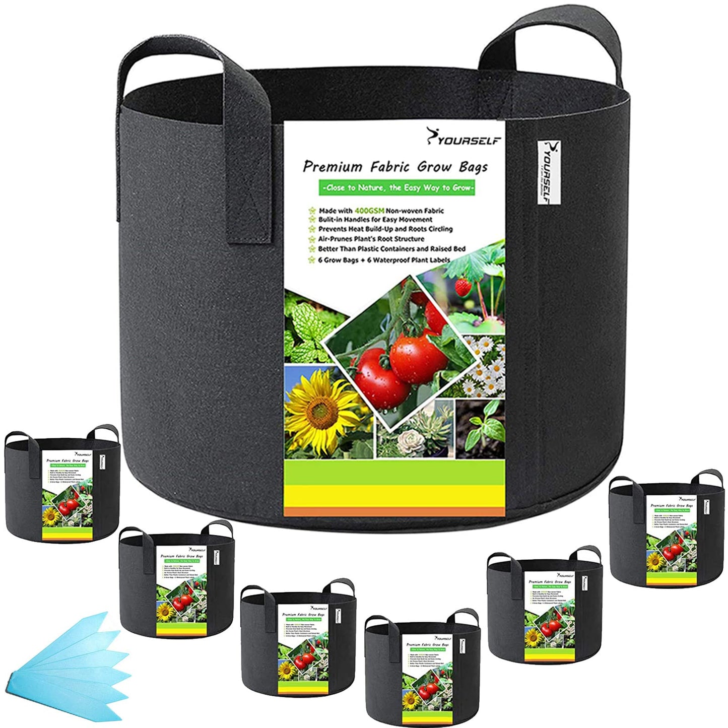 SYOURSELF 6 Pack Grow Bags 10 Gallon Fabric Pots,Thickened Nonwoven Grow Bag with Handles,Fabric Pots for Vegetable Flower Tomato Potato Garlic Indoor Outdoor Plants +6 Waterproof Garden Lables
