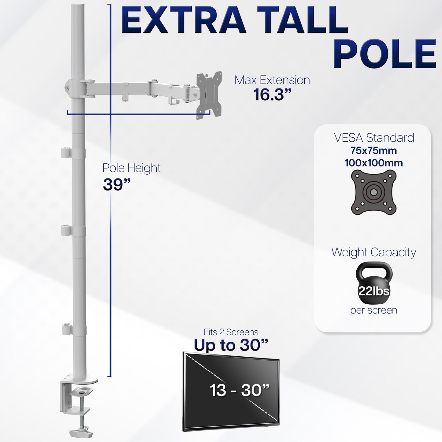 VIVO Extra Tall Single Monitor Desk Mount Stand with 39 inch Pole, Features Full Adjustability - Tilt and Articulation, Holds 13 to 32 inch Screens up to 10kg with VESA Mounting, White, STAND-V011W