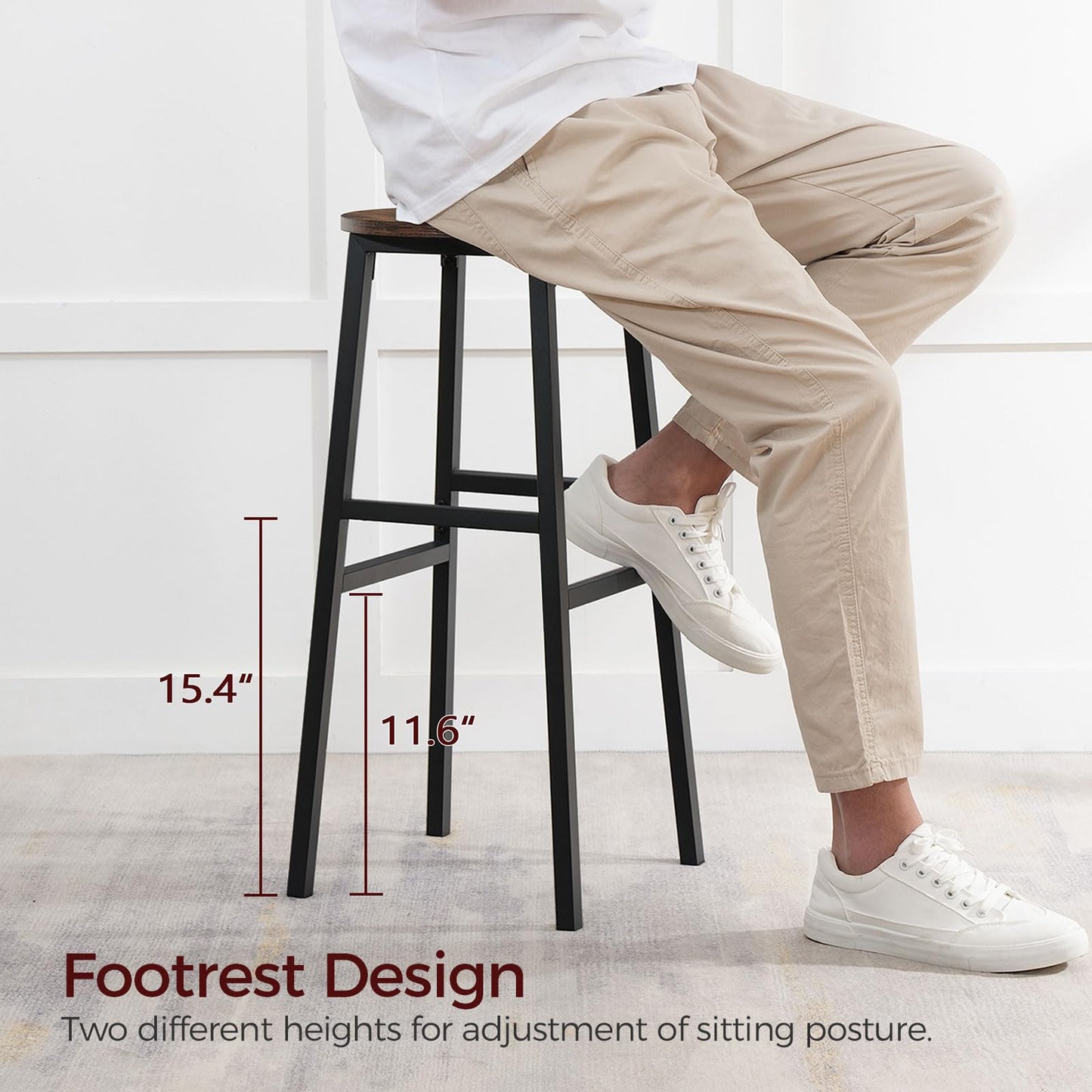 MAHANCRIS 71 cm Bar Stools, Set of 2 Round Bar Chairs with Footrest, Tall Counter Bar Stools, Kitchen Breakfast Bar Stools, Easy Assembly, for Dining Room, Kitchen, Rustic Brown BAHR02701