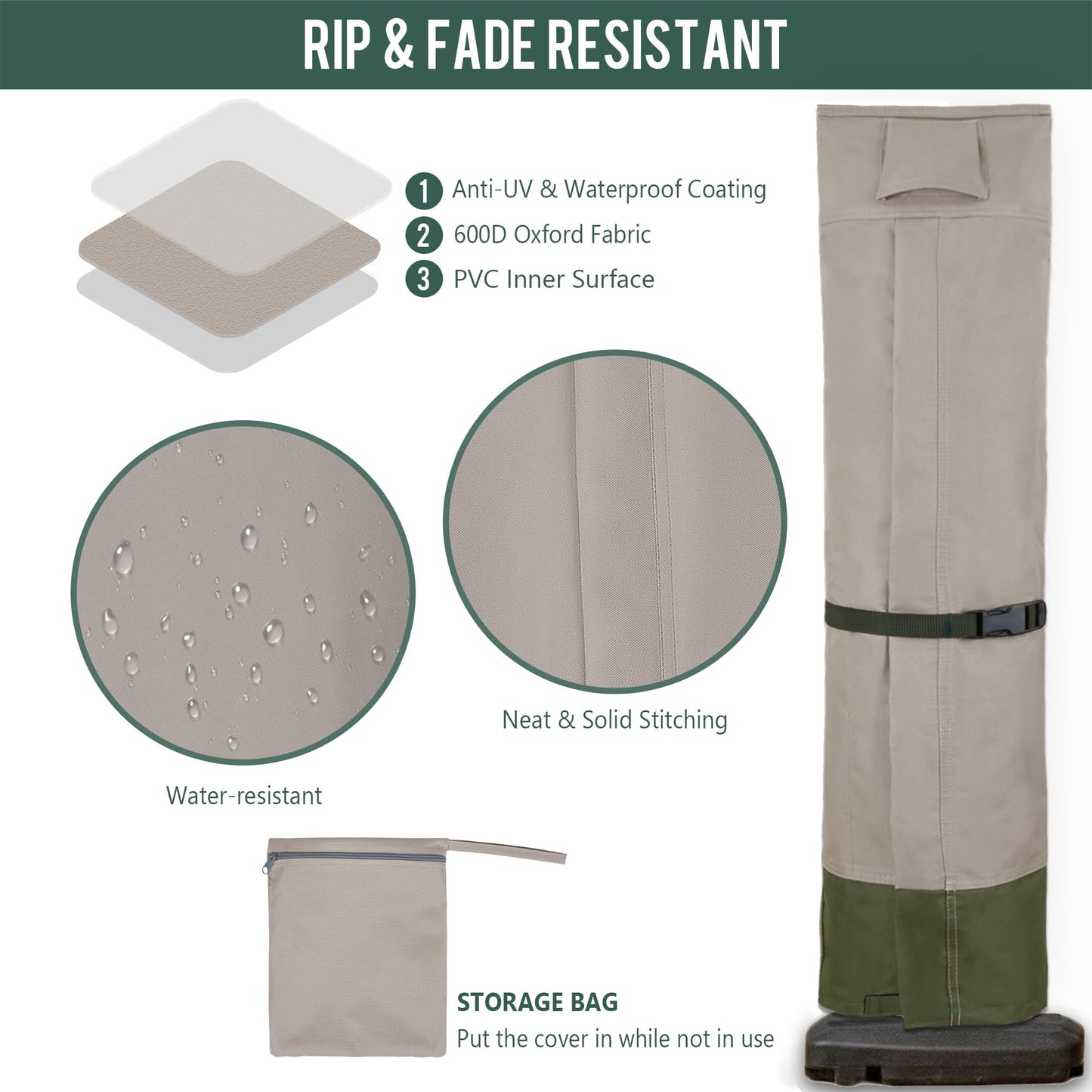 Rachmi Patio Cantilever Umbrella Cover for 9-13 Ft Umbrellas, 600D Water-resistant UV & Fade Resistant Cover Fits Round / Square Outdoor Garden Offset Parasol with Zipper & Rod, Khaki-Green