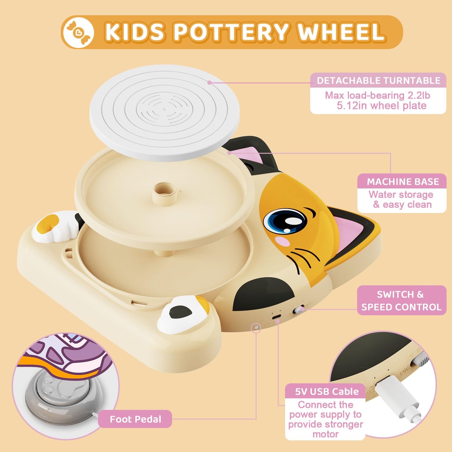 Funny CAT Pottery Wheel Kit for Kids Beginners Wheel with Foot Pedal & Painting Kit/Adjustable Speed, Dry Clay Arts & Crafts for Boys Girls 6 7 8 9 DIY Pottery Tools Art Supplies Craft Toy Teenager Girls Birthday Gift