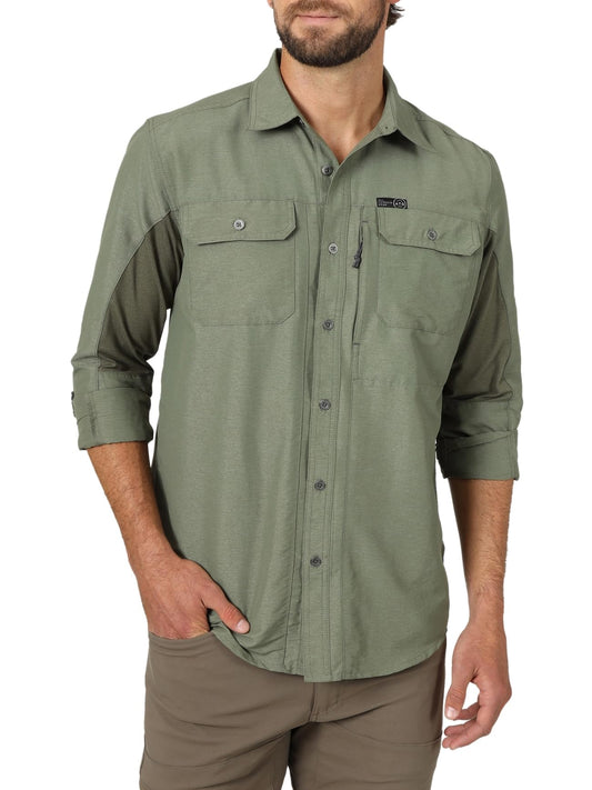 ATG by Wrangler Men's Long Sleeve Mixed Material Shirt, Dusty Olive, X-Large