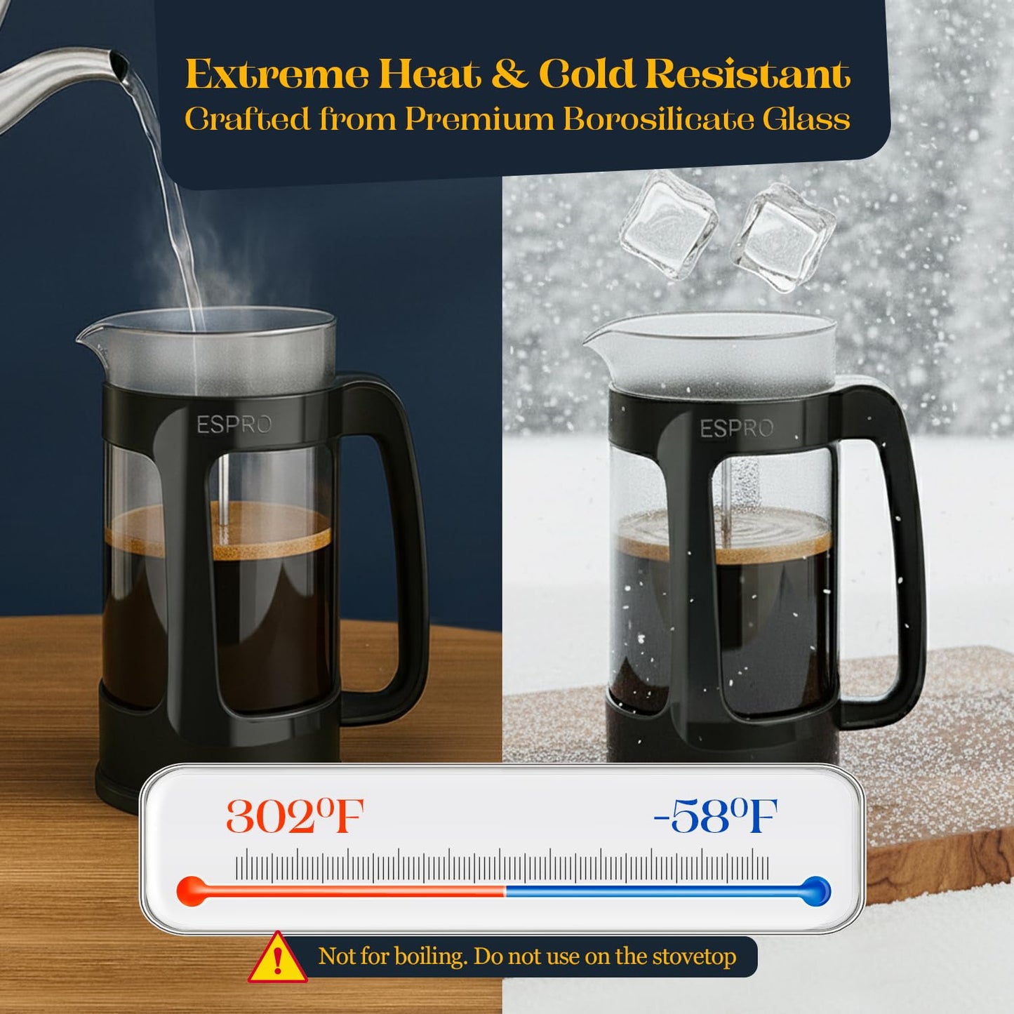 ESPRO Light P3 French Press Coffee Maker – Patented Double MicroFilter for Grit-Free Brew, High Heat Resistant thicker Borosilicate Glass Coffee press & Easy Clean Design – (32 oz)