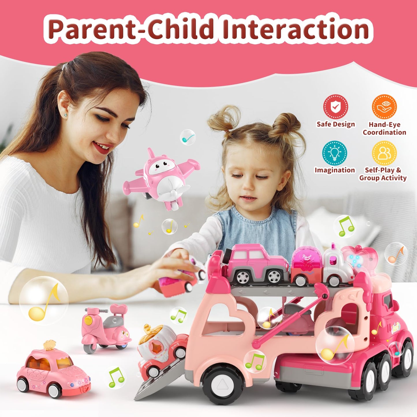 Toddler Girl Truck Car Toys for 1 2 3 Year Old Girl Birthday Gifts, 7-in-1 Pink Princess Transport Carrier Trucks for Toddlers 1-3, Friction Power Toy Cars with Lights & Music, My Daughter First Gift