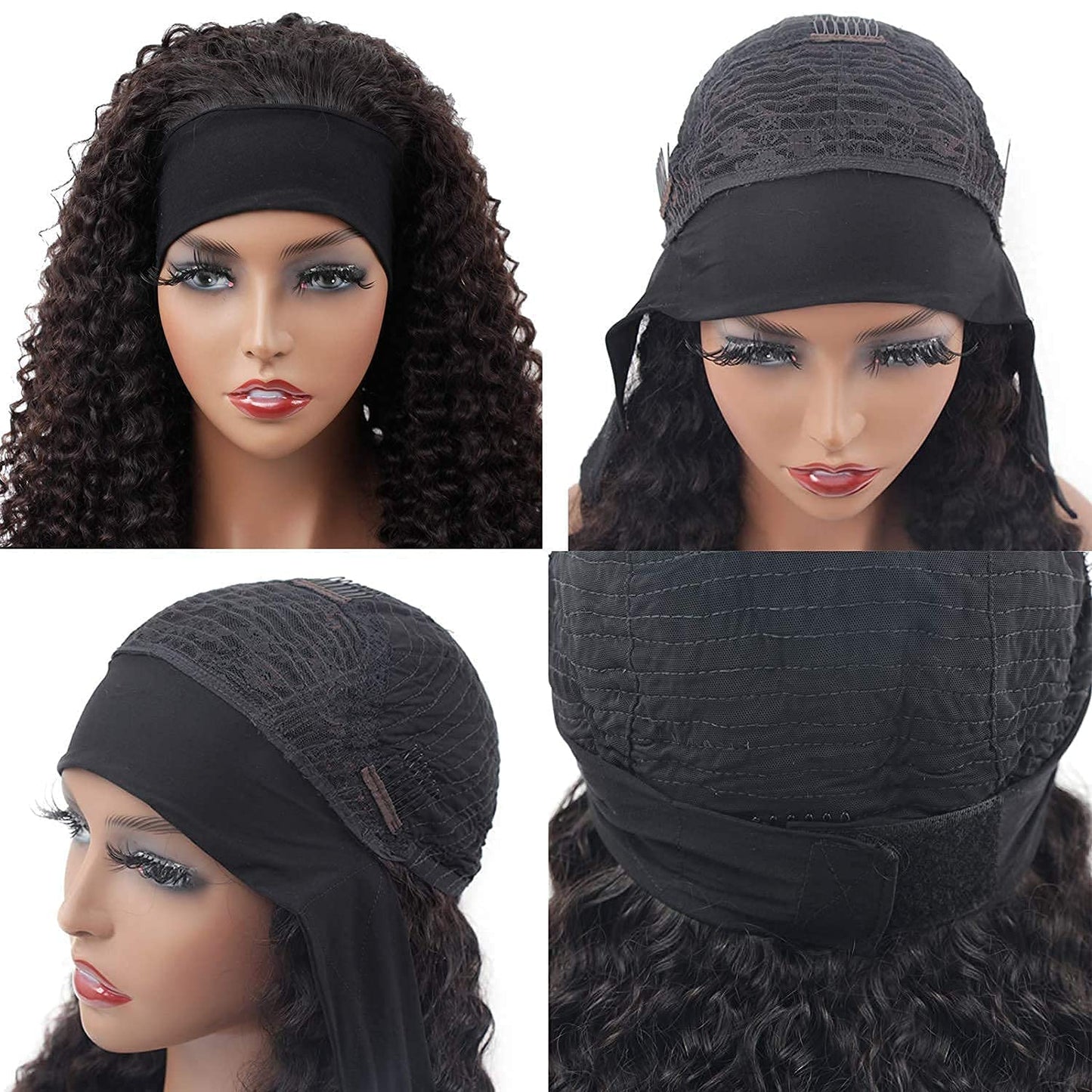 WENYAN Deep Wave Headband Wig Human Hair Wigs for Women Human Hair 16Inch None Lace Front Wigs Perruque Femme Humain Naturel Glueless Real Hair Curly Wave Wig 150% Density