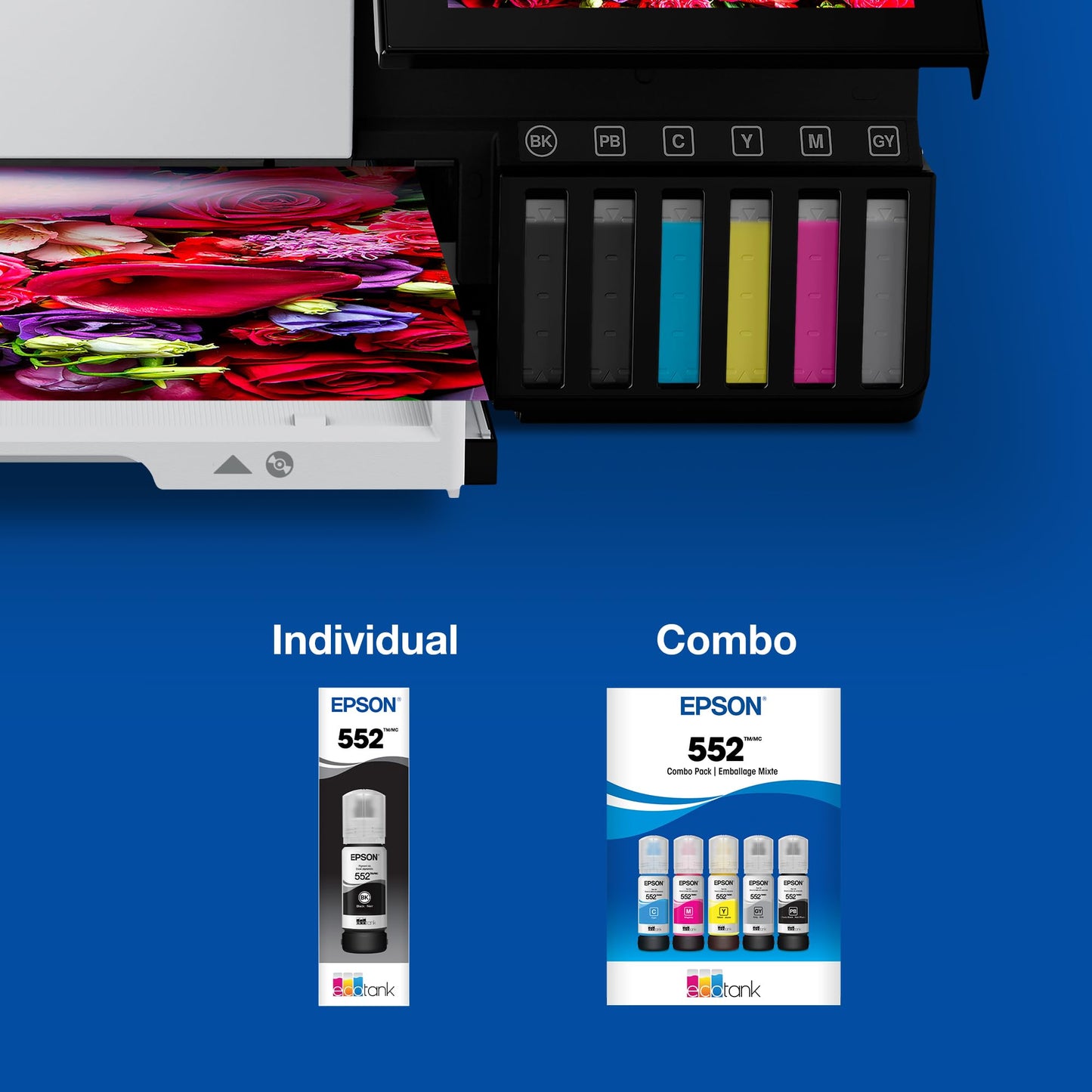 Epson 552 EcoTank Ink Ultra-high Capacity Bottle Three Color CMY Combo Pack (T552620-S) Works with Photo ET-8500, 8550