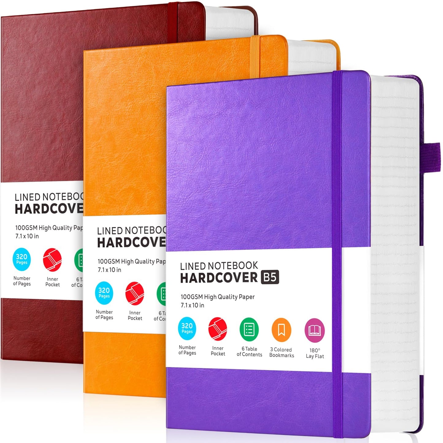 3 Pack Notebooks and Journals, B5(7.1'' X 10'') Thick Journaling Notebook College Ruled Bulk, Large Hardcover Leather Lined Notebook Journal Set for Women Men Work, Multicolor