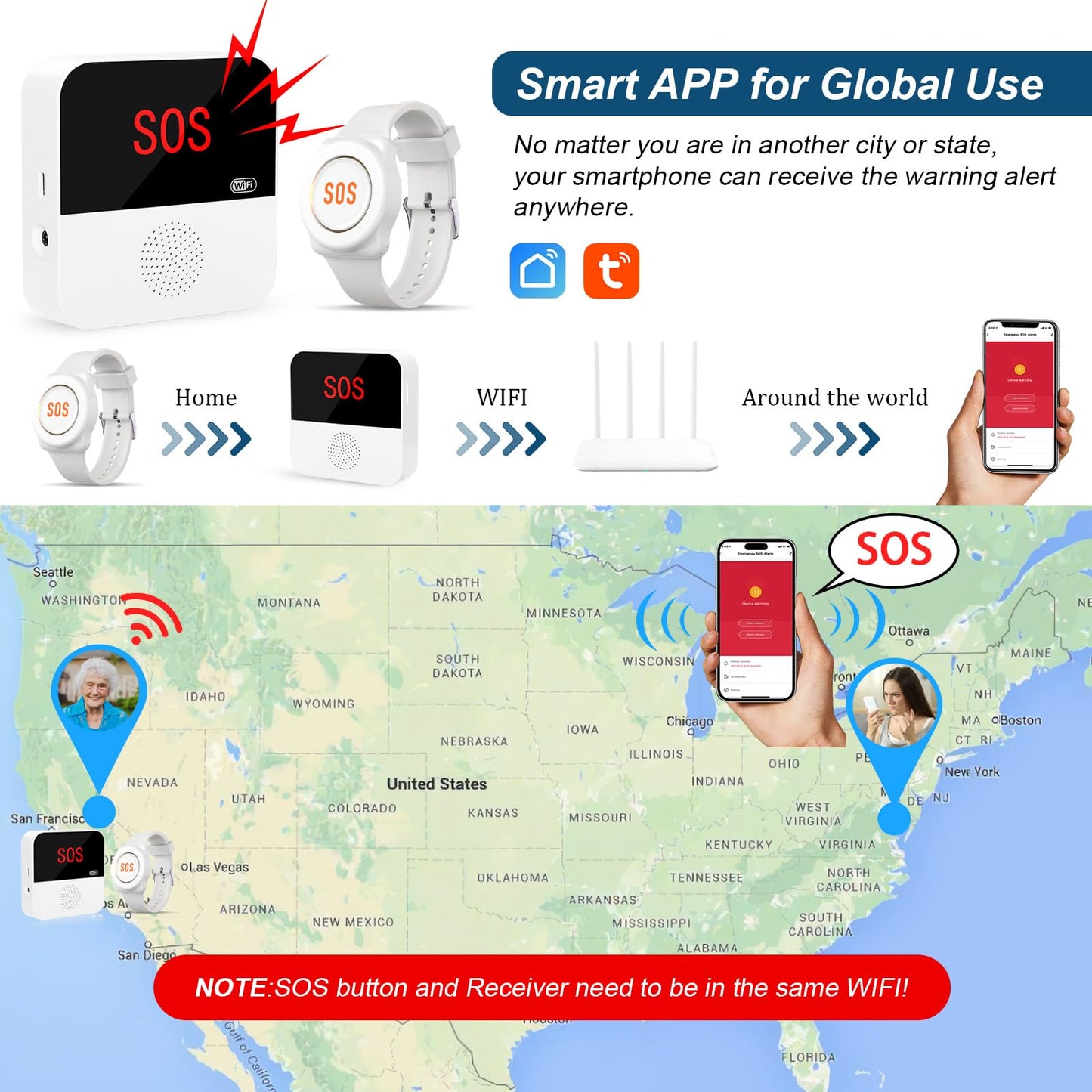 DAYTECH WiFi Smart Caregiver Pager Wireless Call Button for Elderly Monitoring Emergency Call Bell Alert System, 2 Panic Buttons 1 Receiver(ONLY Support 2.4G WiFi)