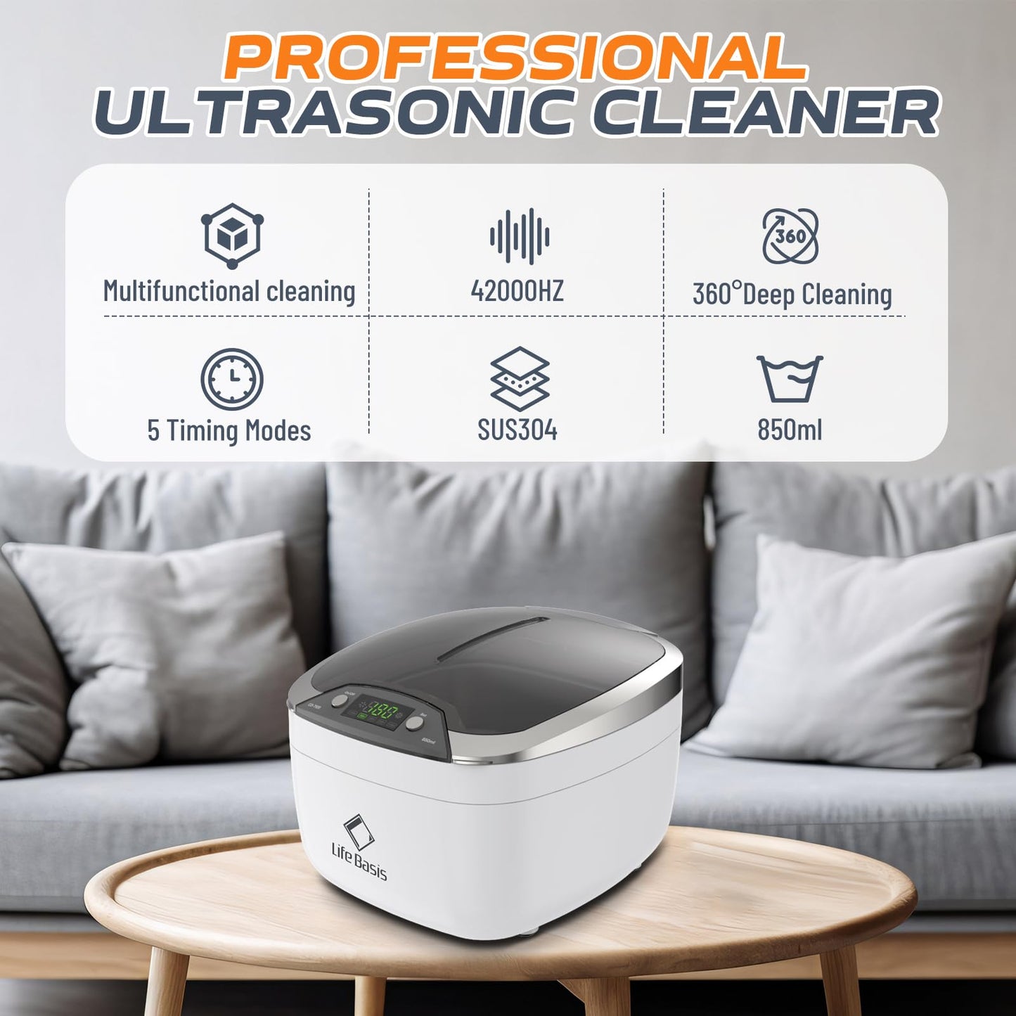 Ultrasonic Jewelry Cleaner Life Basis Ultrasonic Cleaner Machine 850ml (28 Ounces) LCD Screen with 5 Digital Timer Watch Stand CD Holder for Jewelry CD DVD Watches Glasses Makeup Brush