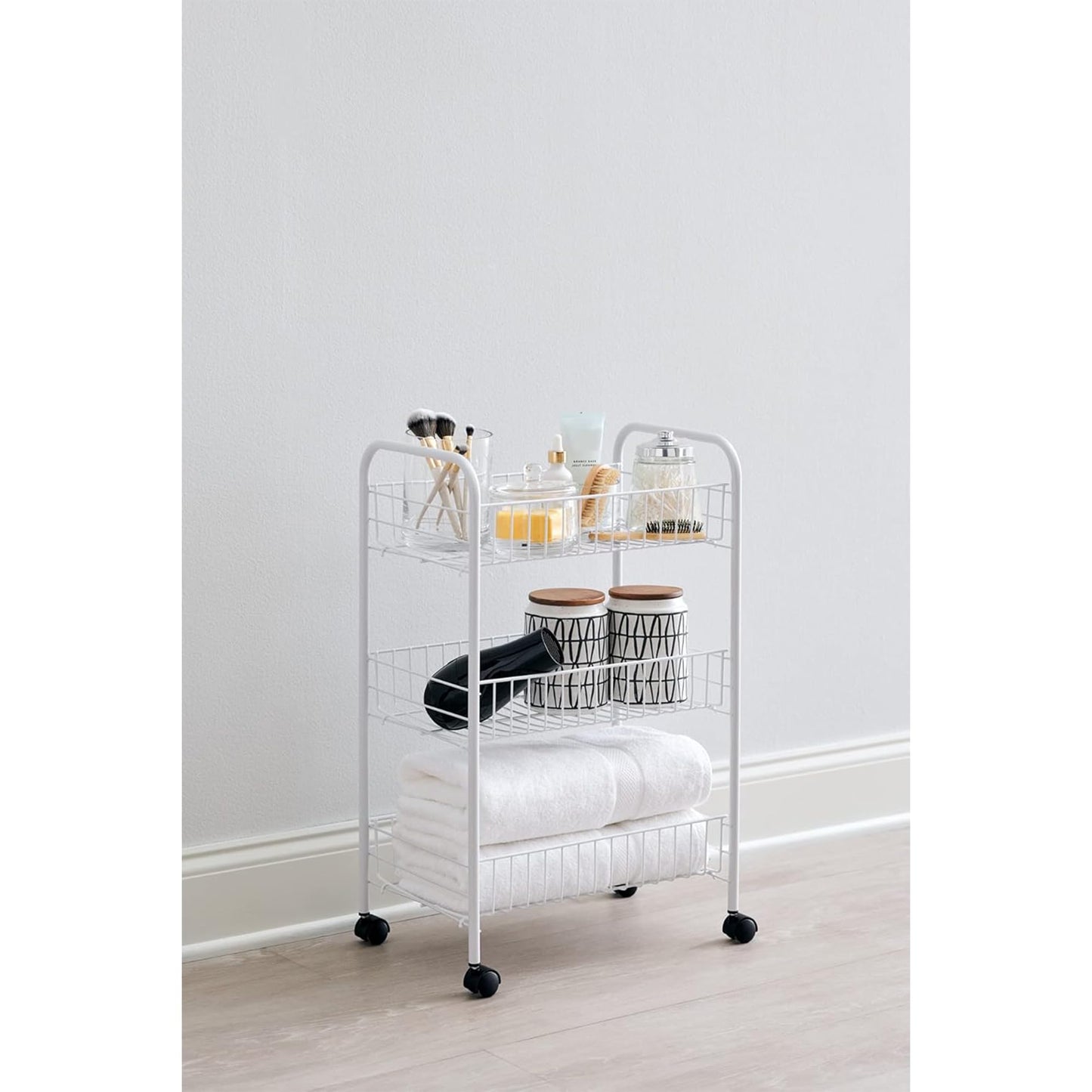 Rubbermaid 3-Tier Shelving Wheeled Organizer, Wire Adjustable Metal Storage Cart, for Office/Kitchen/Bedroom/Laundry Home Use, White