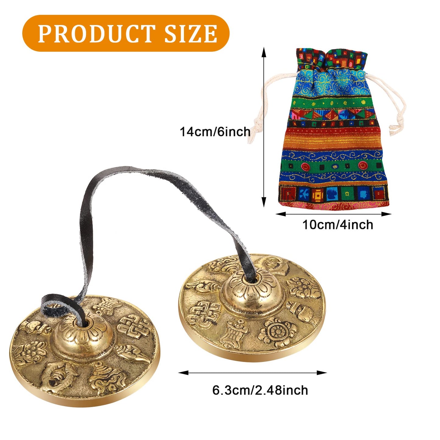 Boao Tibetan Bells Tingsha Cymbals Meditation Chime Bells with Tibetan Drawstring Cloth Bag, 6.3 cm Yoga Finger Meditation Chime for Percussion Instrument(8 Lucky Symbols Embossed)