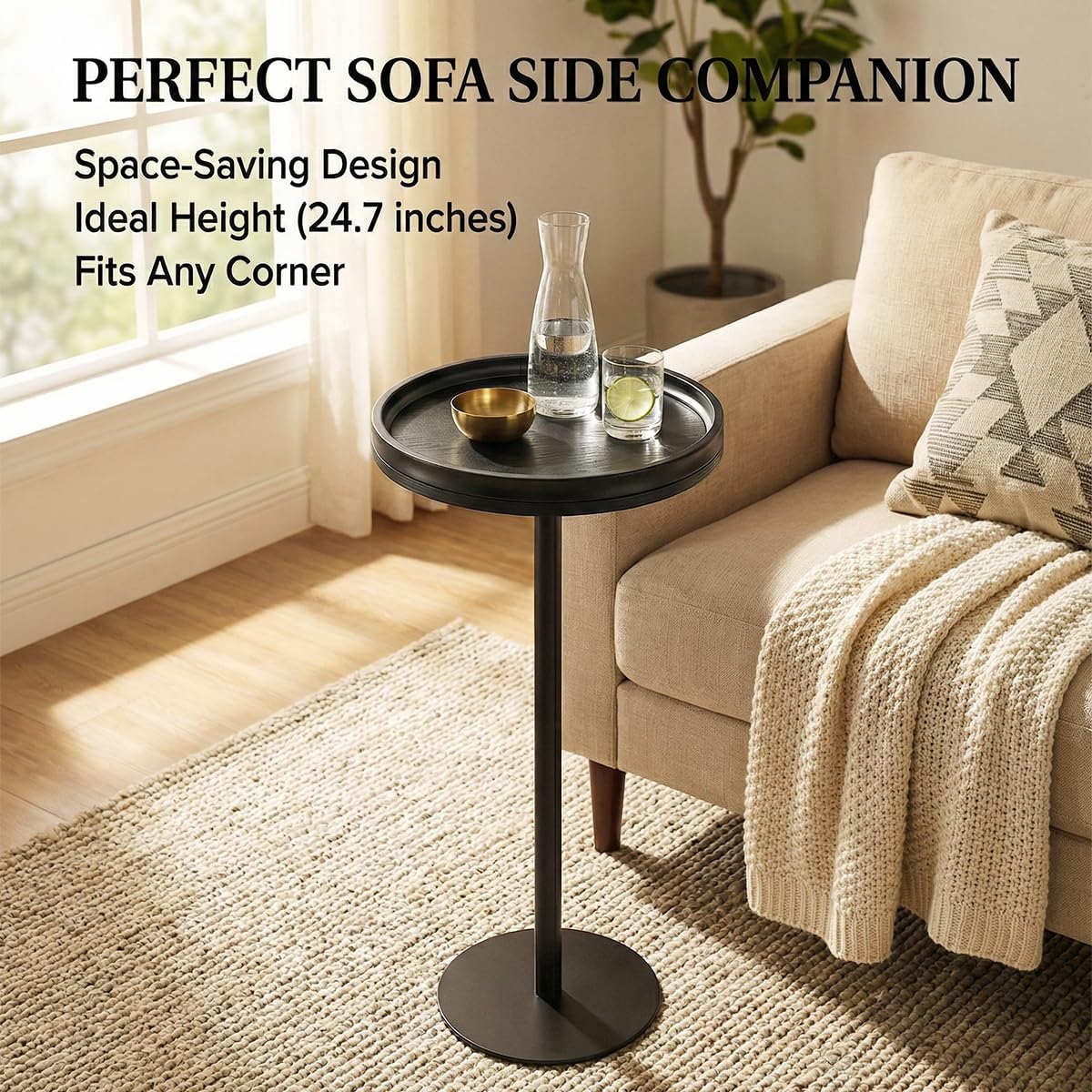 ZEXVIDA Black Industrial Martini Table,Round Drink Table,Modern Pedestal Side Table with Black Wood Grain Tray Top, Weighted Metal Base End Table for Living Room,Small Spaces,Next to Sofa, 24.7" Tall