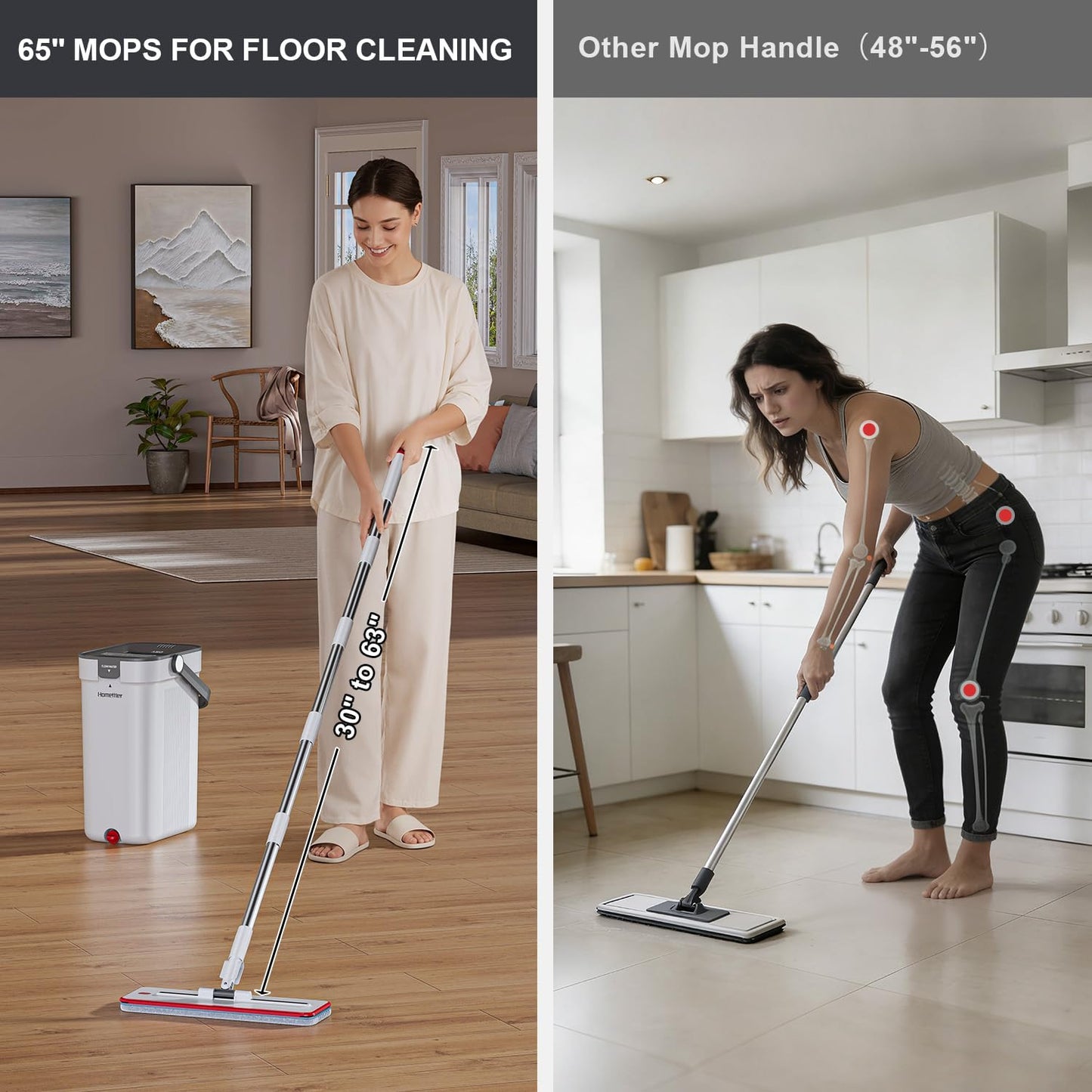 Mop and Bucket Set, 3-Tank Flat Mop and Bucket System for Separate Dirty & Clean Water, 65" Mops for Floor Cleaning with Washable Pads (Flat Mop Bucket with 4 Pad)